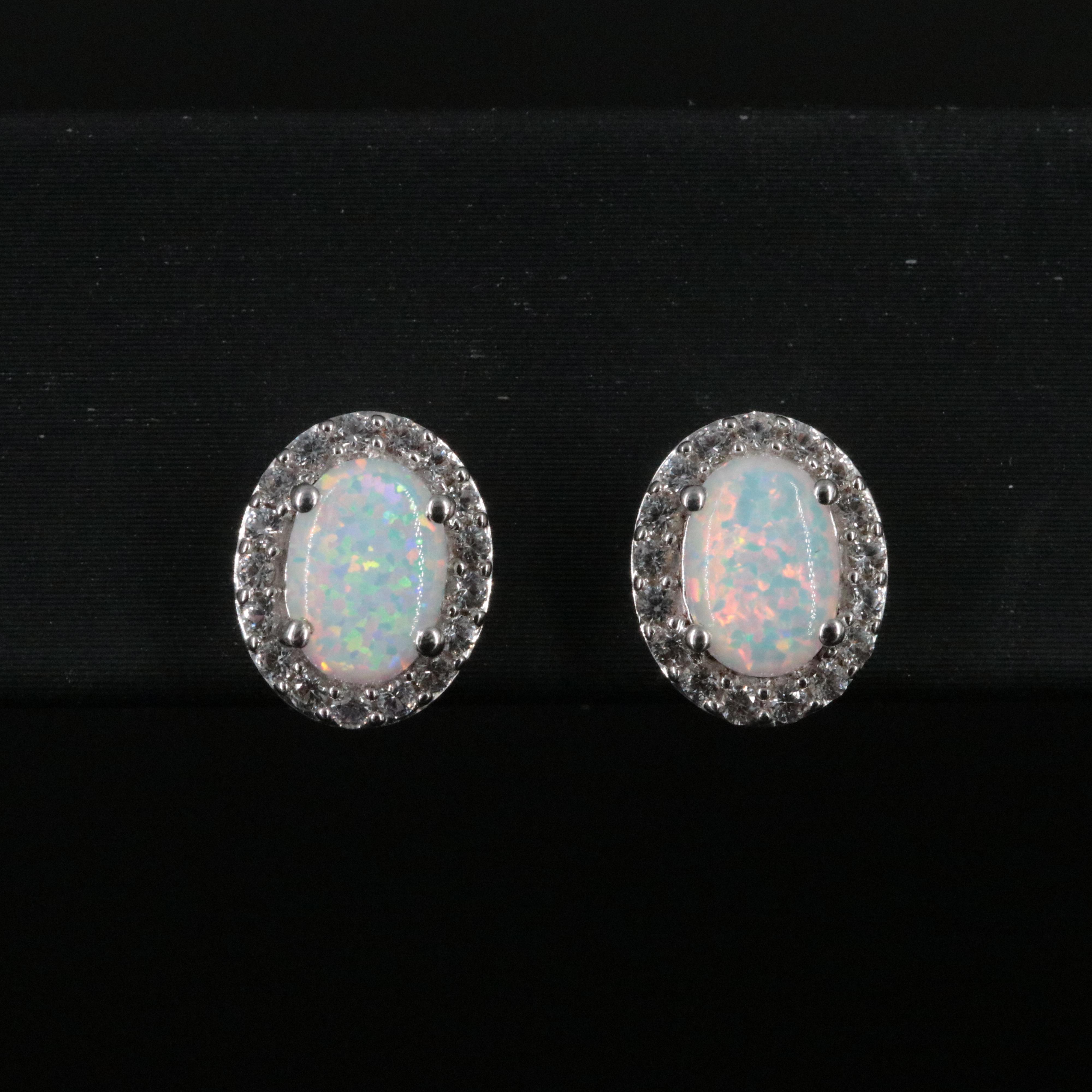 Sterling Lab Grown Opal and White Sapphire Halo Stud Earrings