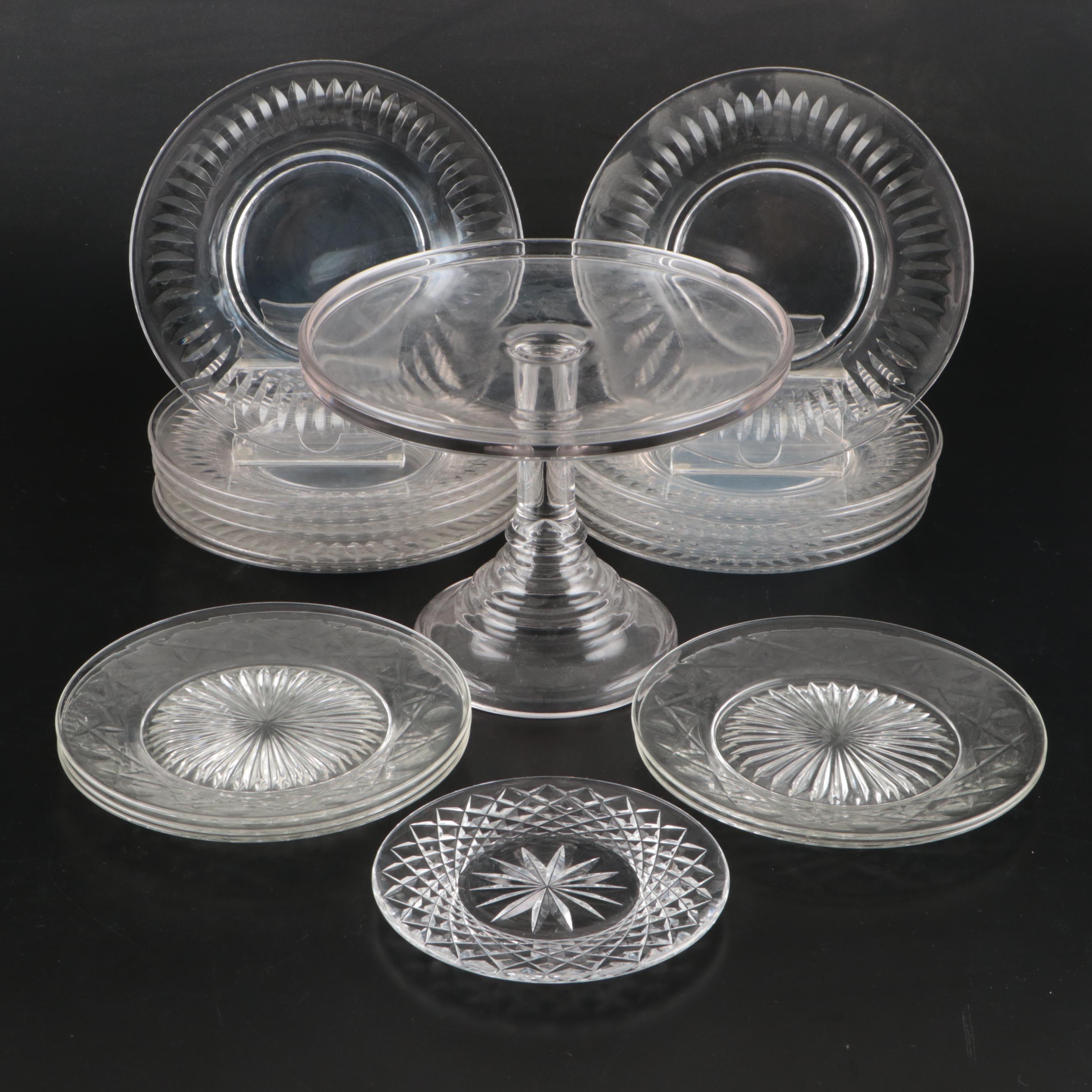 Tiffin-Franciscan "Blenheim" with Other Crystal Plates and Plane Jane Cake Stand