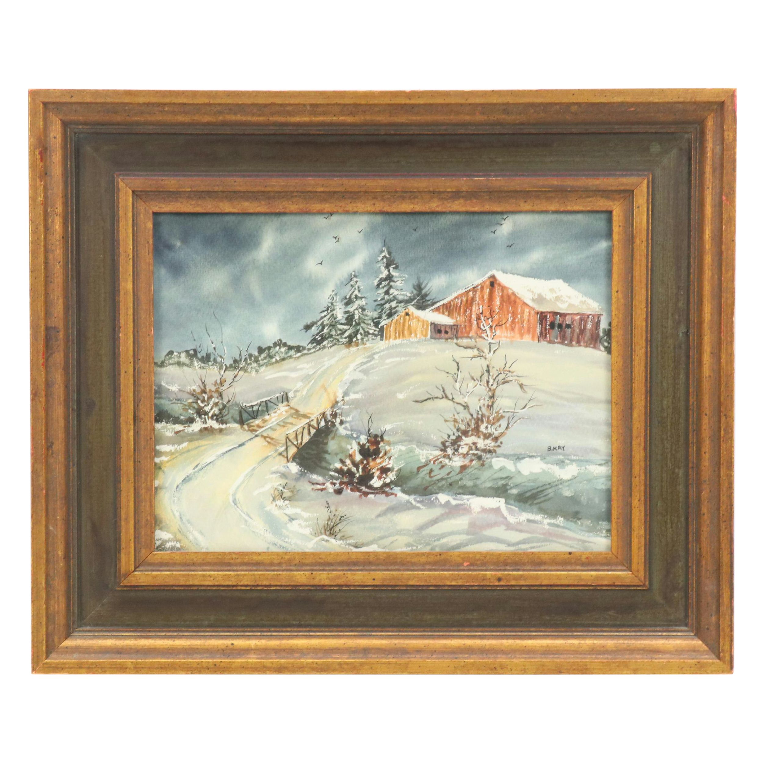 B. Kay Winter Landscape Watercolor Painting "Bitter Cold"