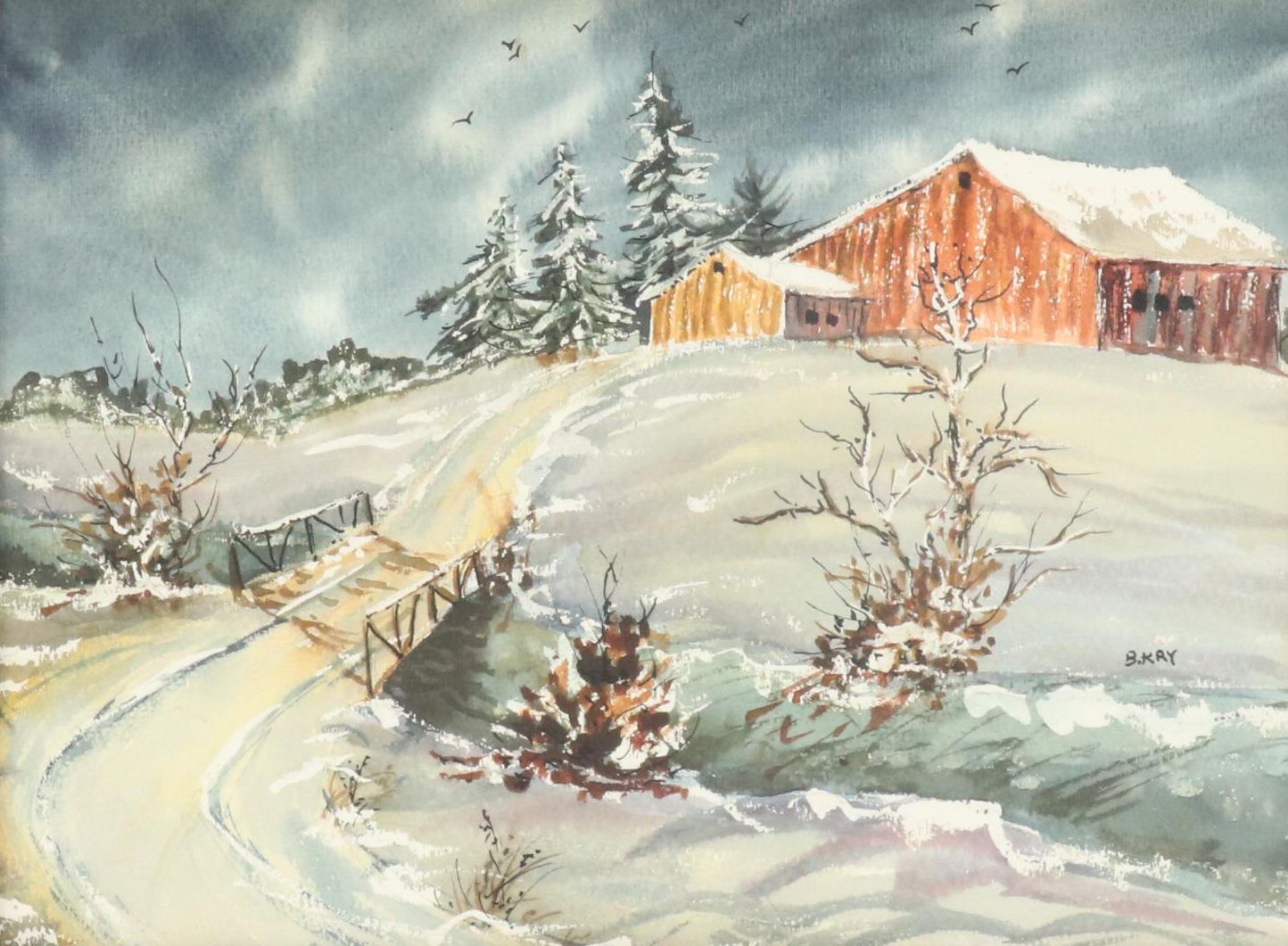 B. Kay Winter Landscape Watercolor Painting "Bitter Cold"
