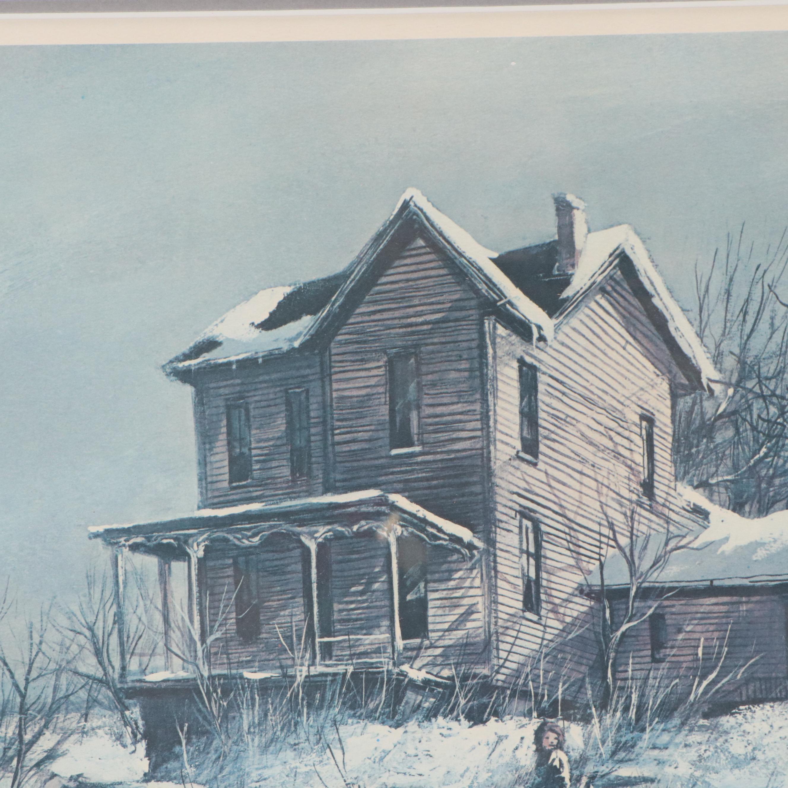 Robert Fabe Offset Lithograph "Girl and House in Snow"