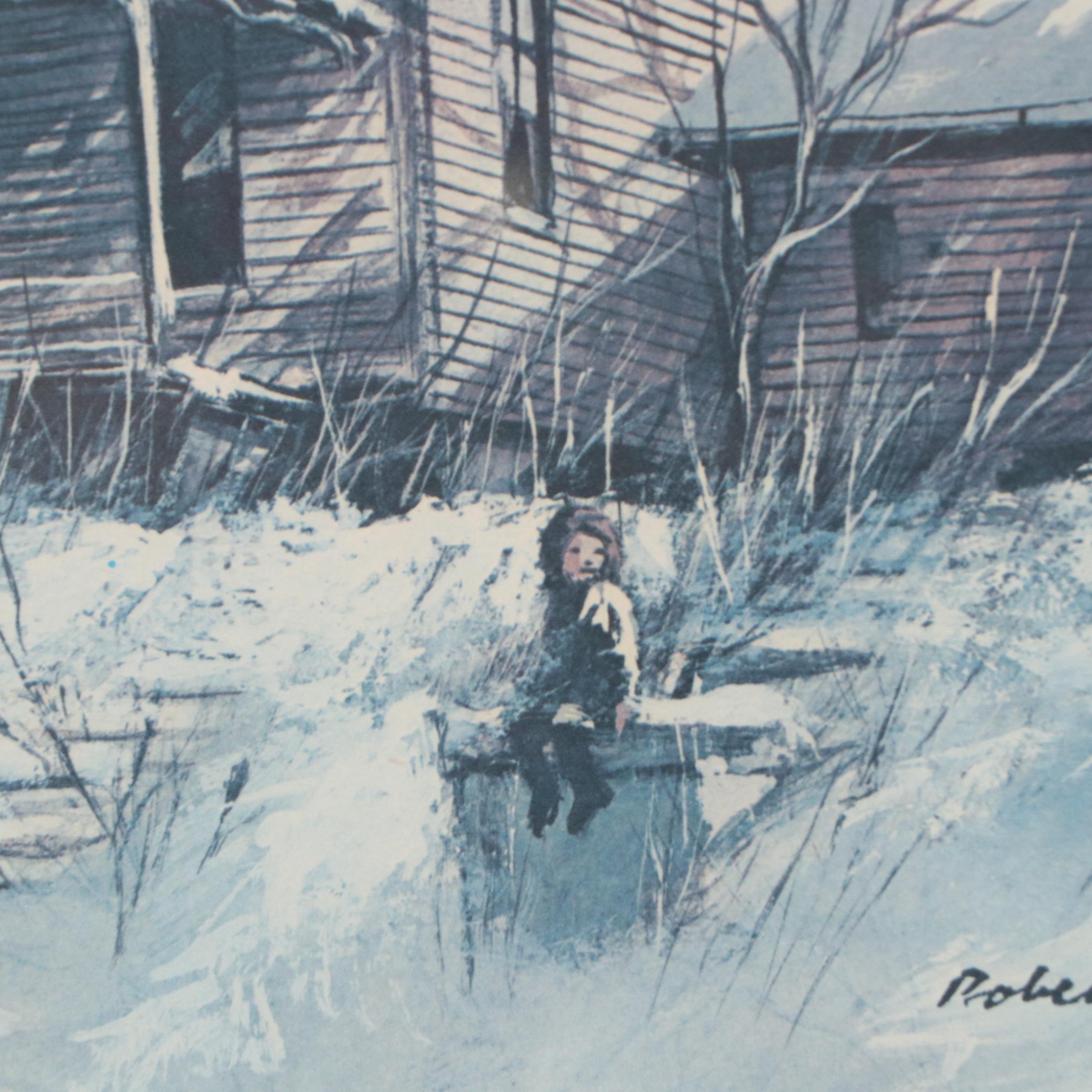 Robert Fabe Offset Lithograph "Girl and House in Snow"