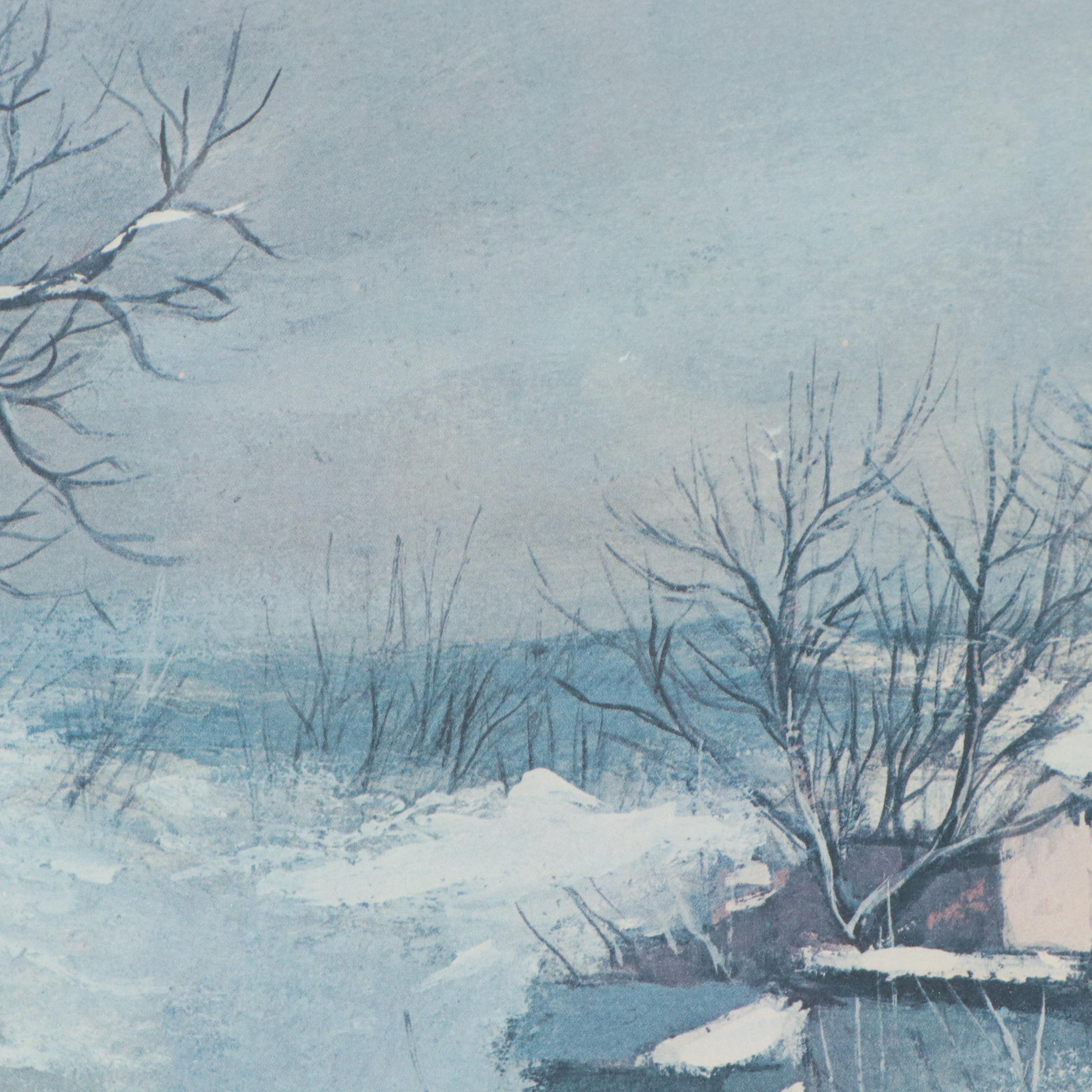 Robert Fabe Offset Lithograph "Girl and House in Snow"