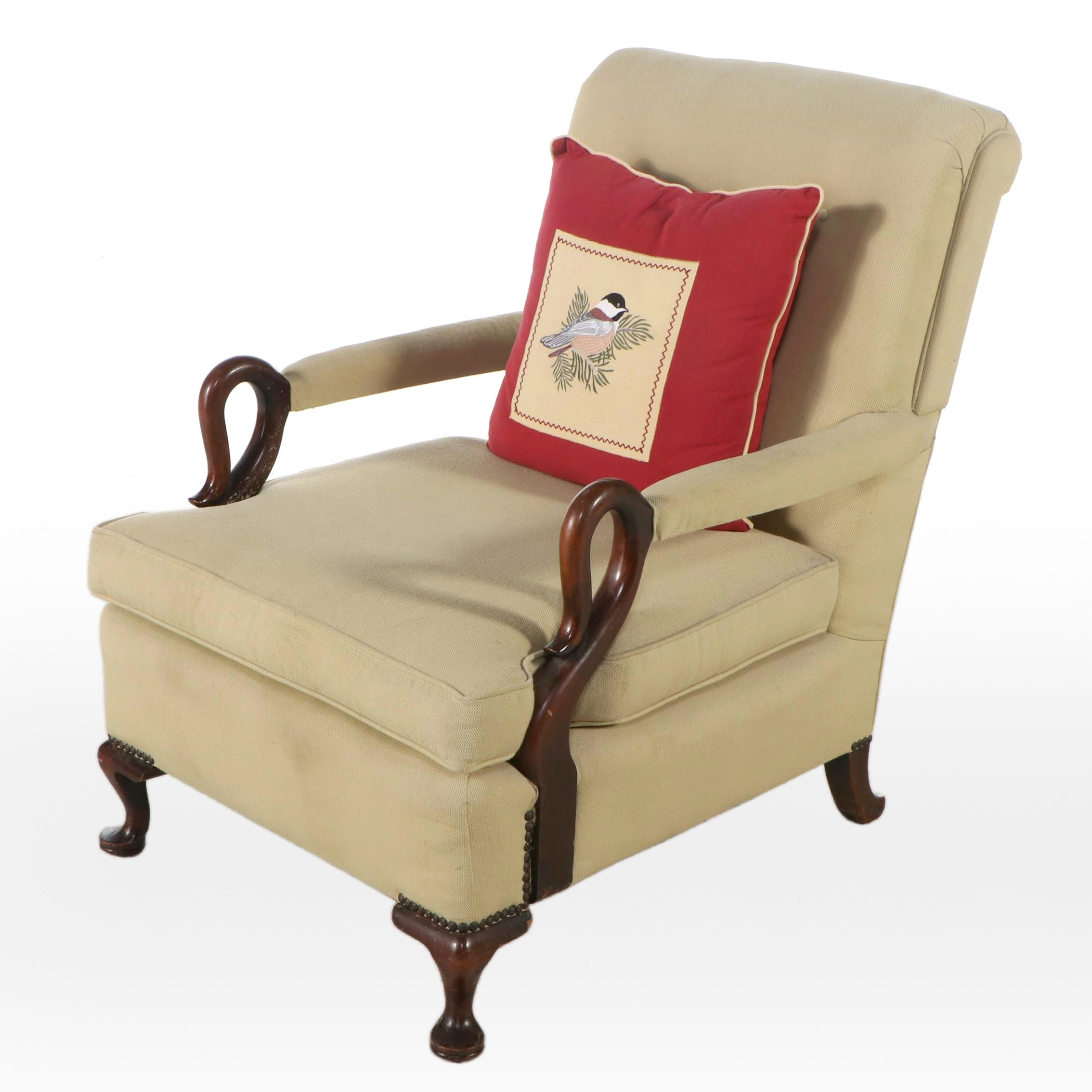 Queen Anne Style Fabric Upholstered Swan-Arm Chair, Mid to Late 20th Century