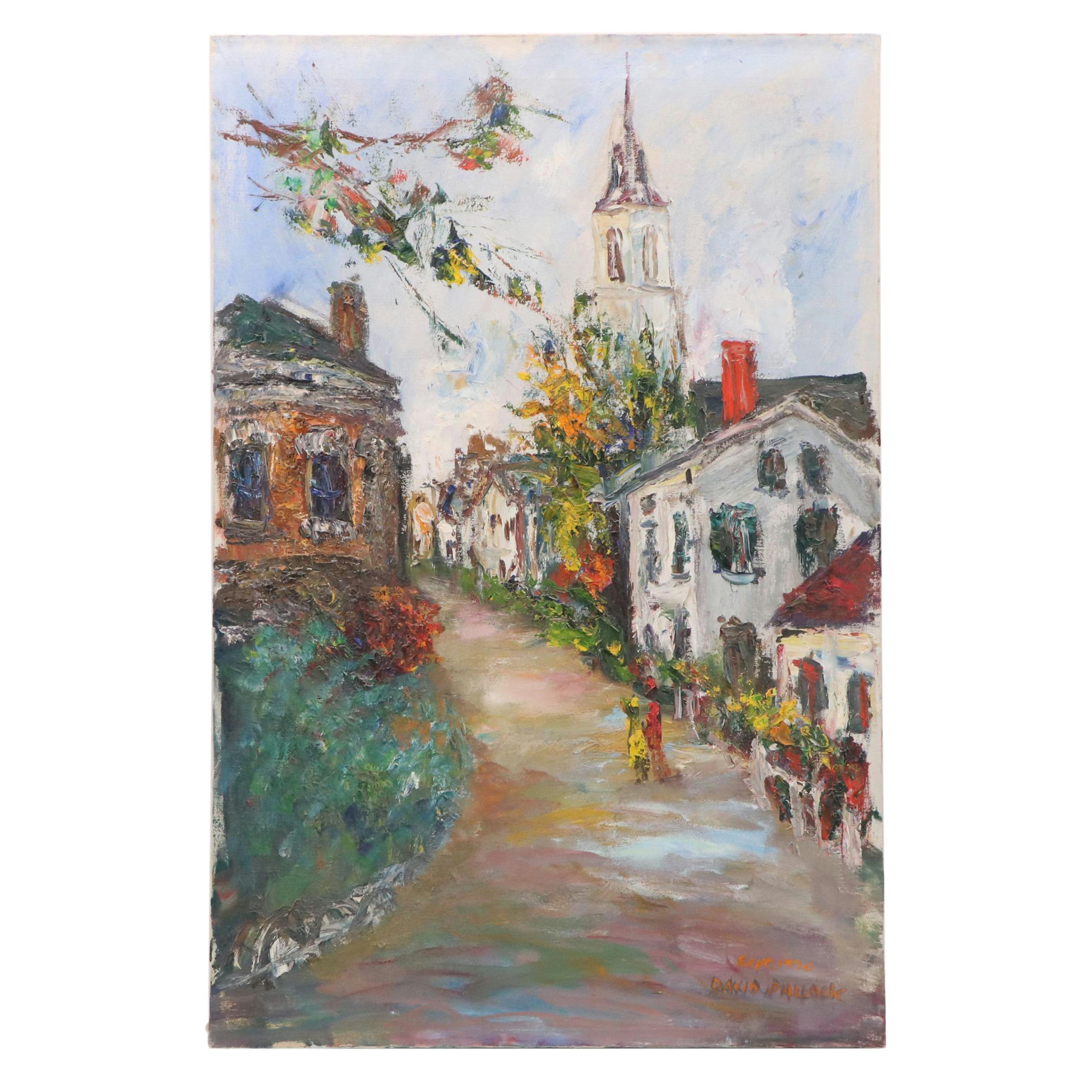 David Pallock Landscape Oil Painting of New England Street Scene, 1970