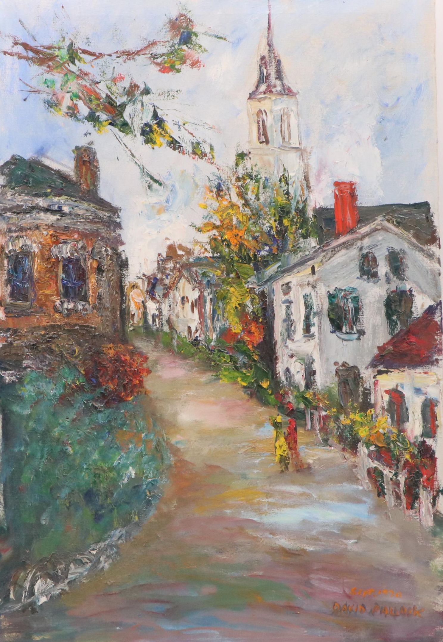 David Pallock Landscape Oil Painting of New England Street Scene, 1970