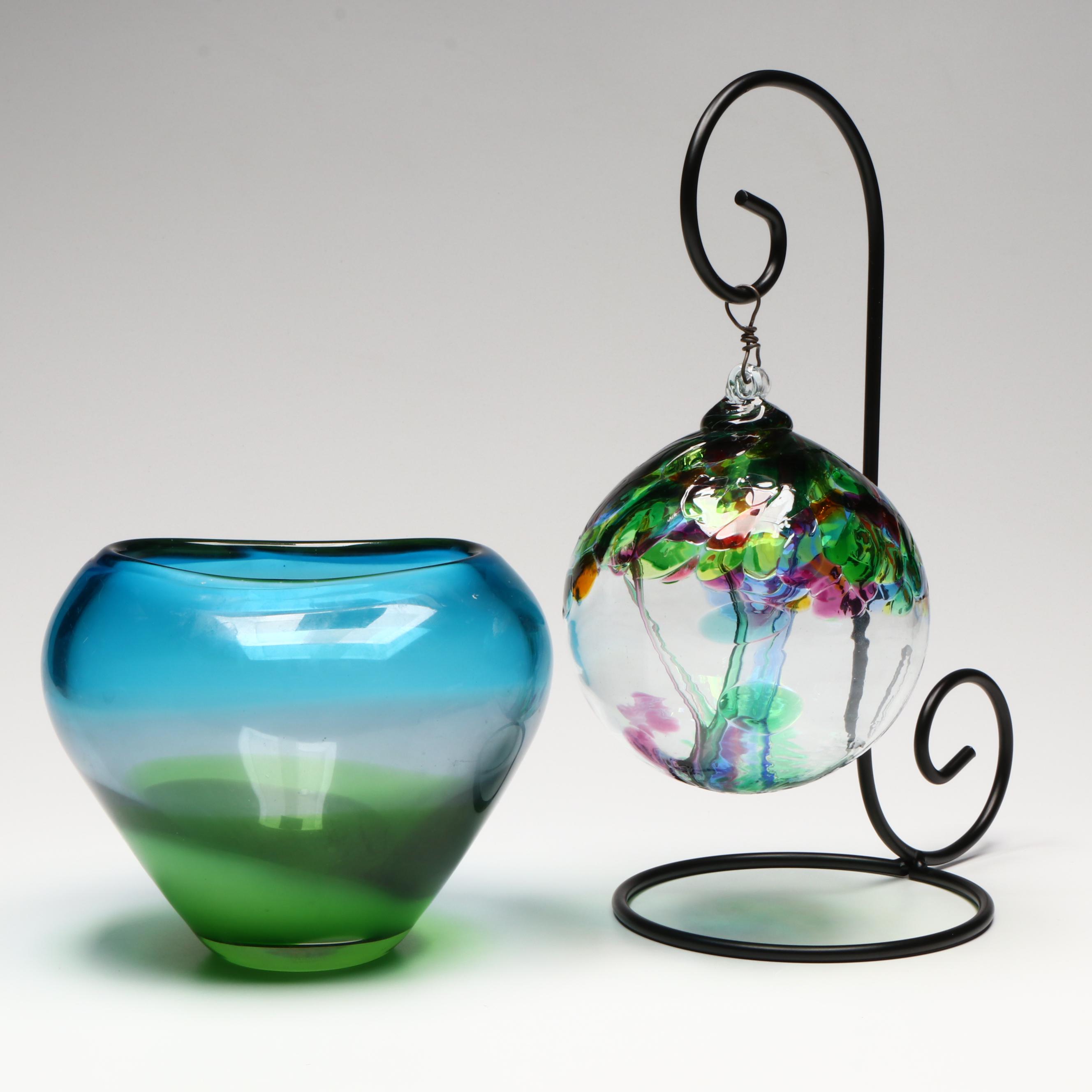 Studio Glass Bowl with Rainbow Tree of Family Orb and Stand