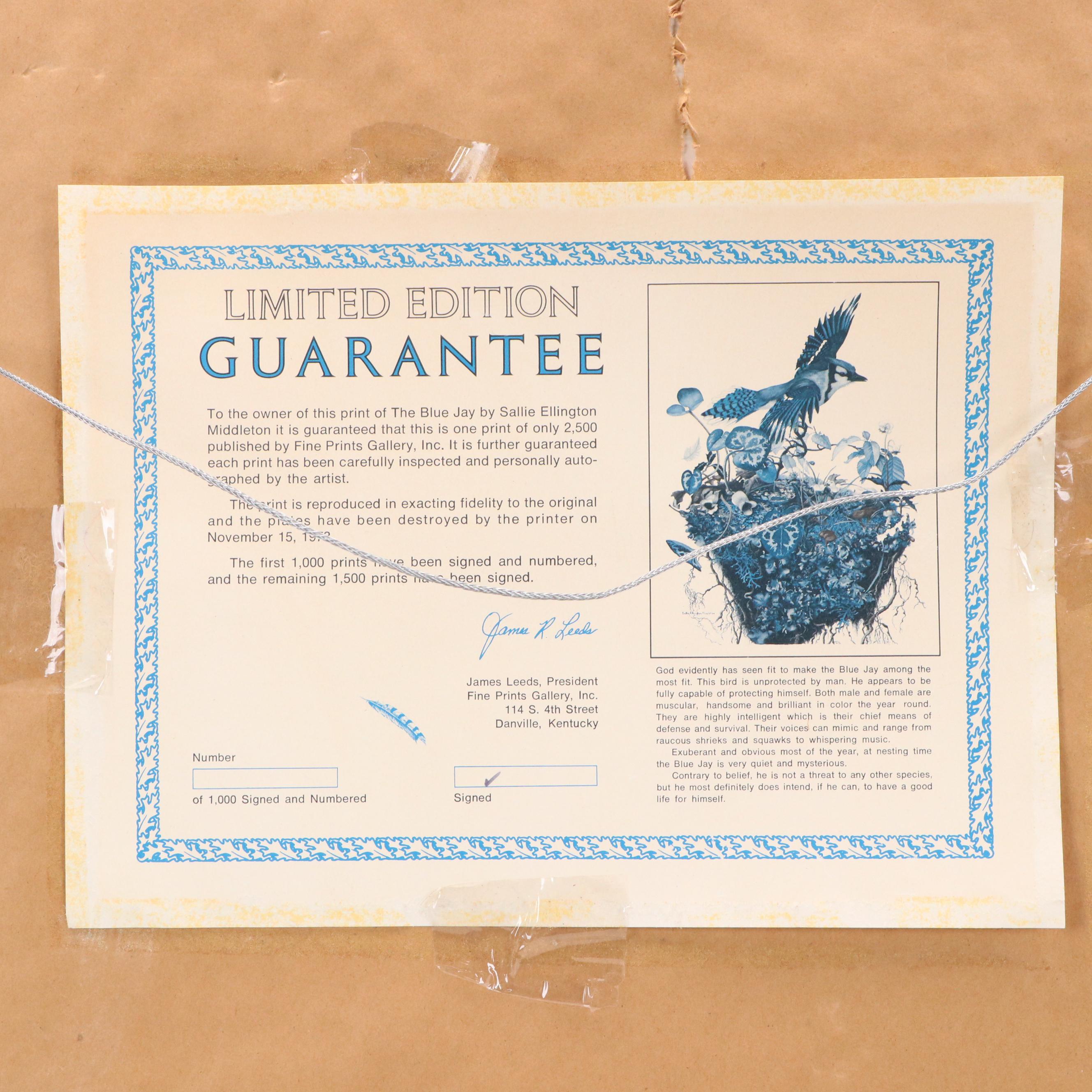 Sallie Ellington Middleton Offset Lithograph "Blue Jay"