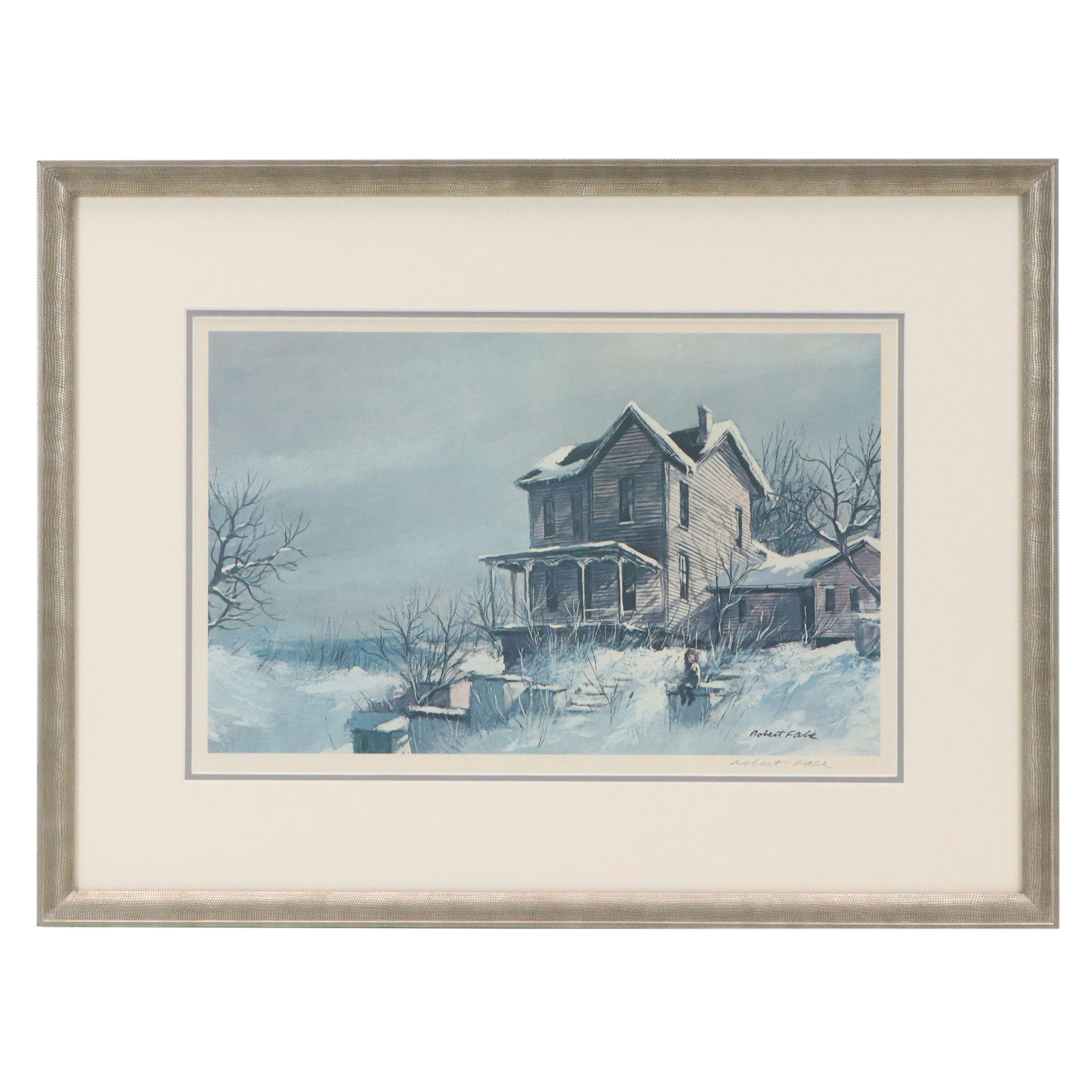 Robert Fabe Offset Lithograph "Girl and House in Snow"