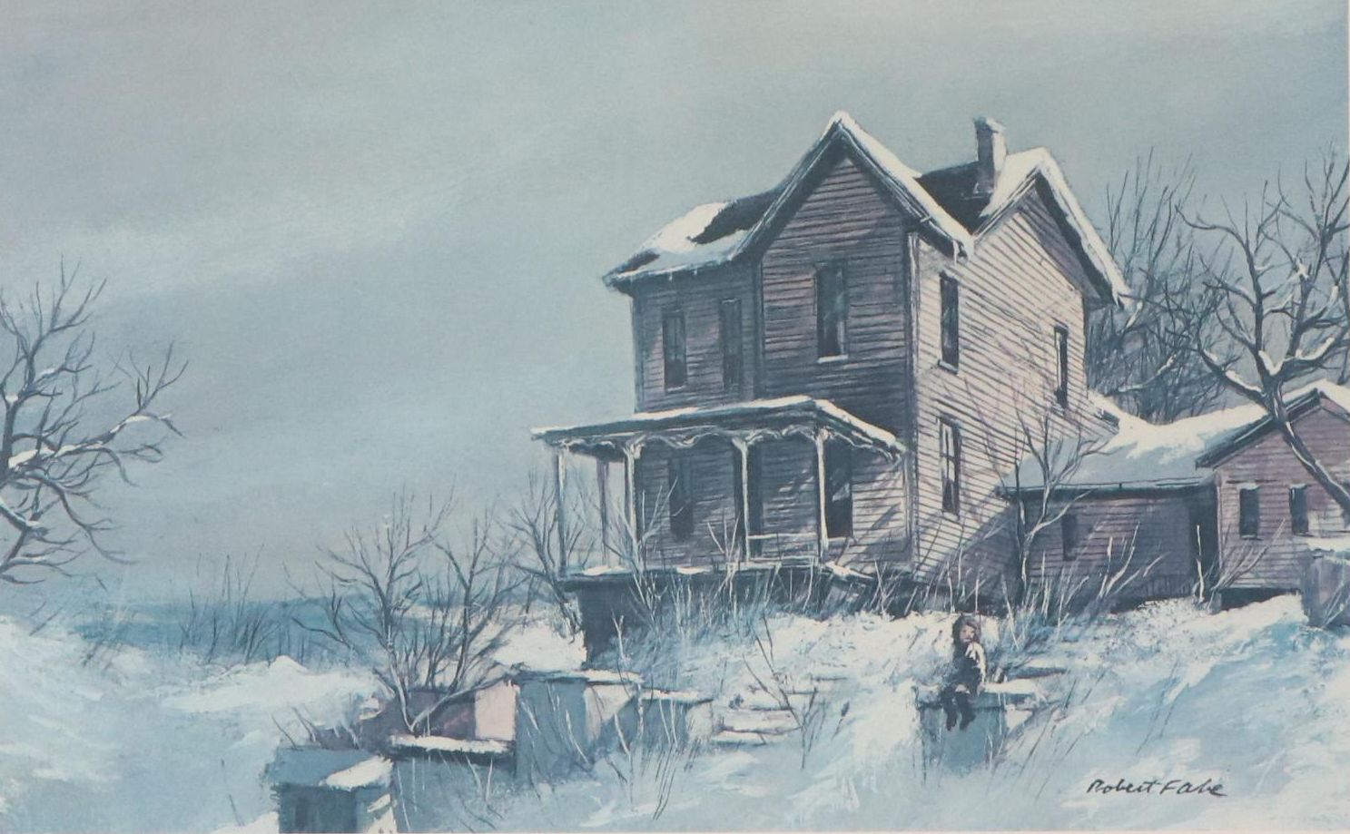 Robert Fabe Offset Lithograph "Girl and House in Snow"
