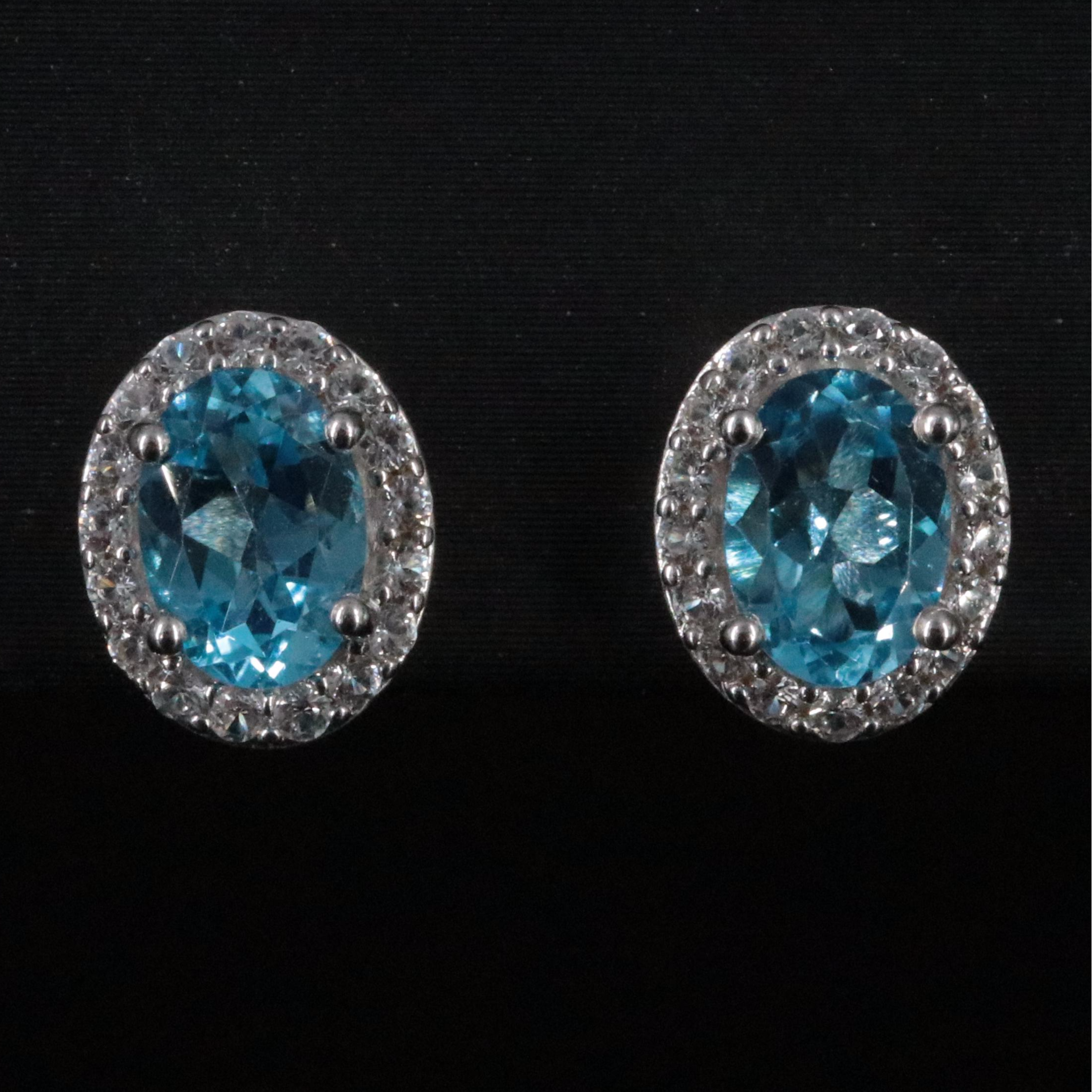 Sterling Swiss Blue Topaz and White Sapphire Halo Stud Earrings