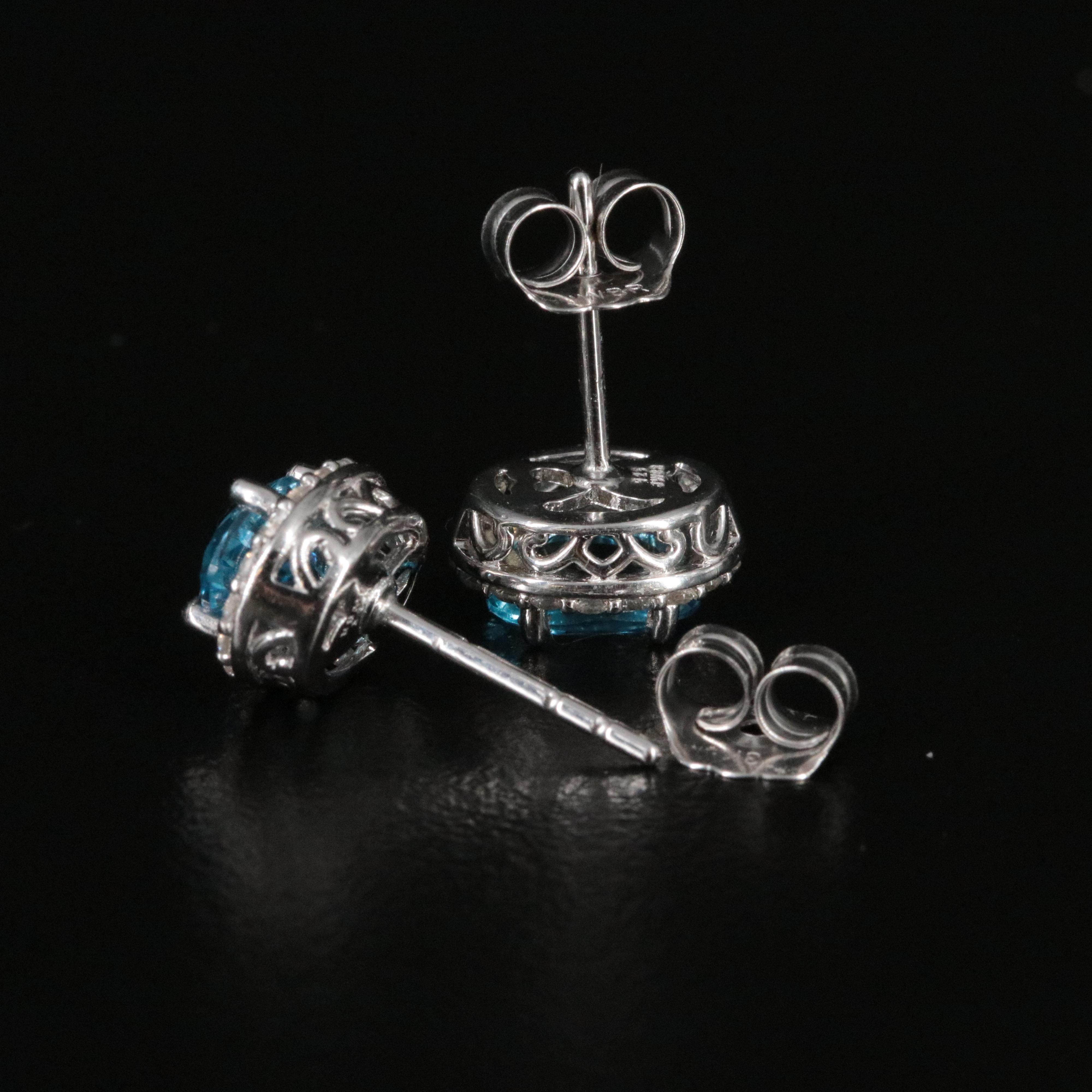 Sterling Swiss Blue Topaz and White Sapphire Halo Stud Earrings