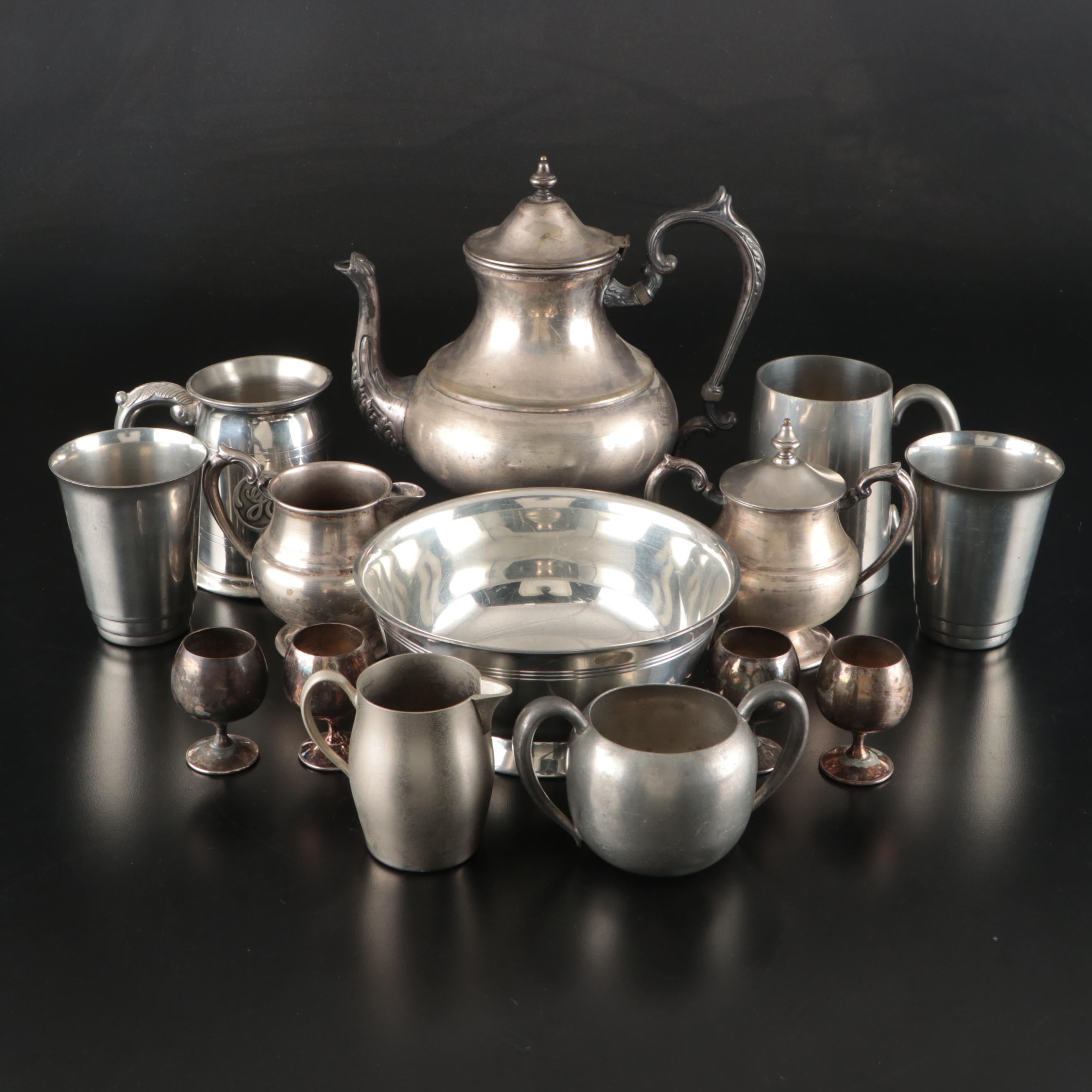Silver Plate Teapot with Creamer, Sugar, and Shot Glasses with Other Pewter Ware