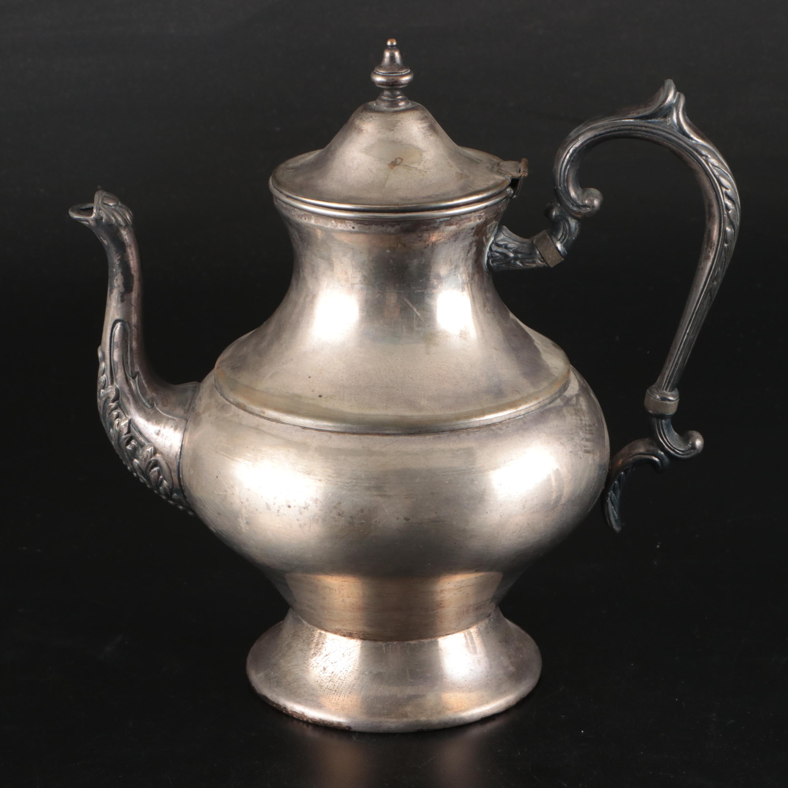 Silver Plate Teapot with Creamer, Sugar, and Shot Glasses with Other Pewter Ware