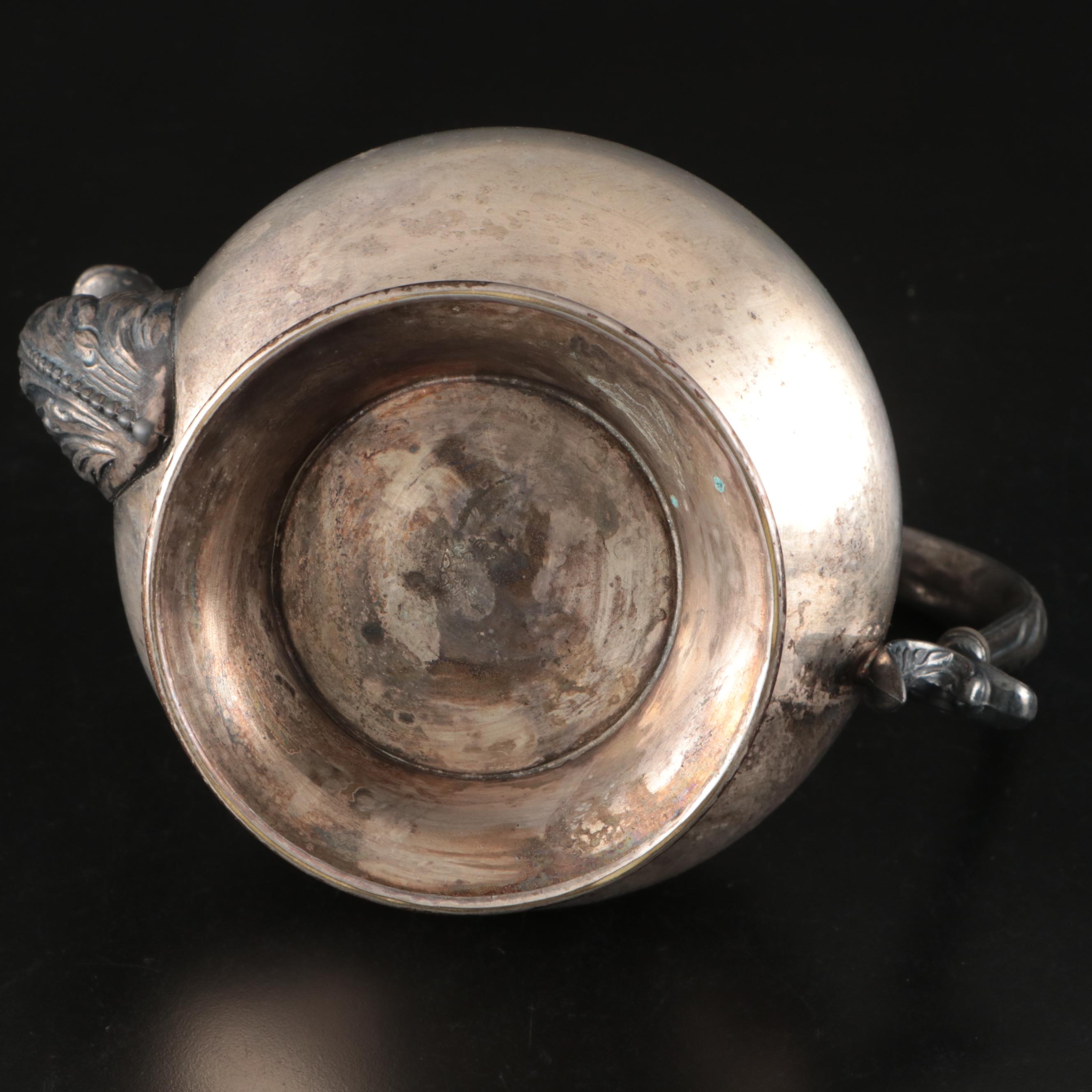 Silver Plate Teapot with Creamer, Sugar, and Shot Glasses with Other Pewter Ware