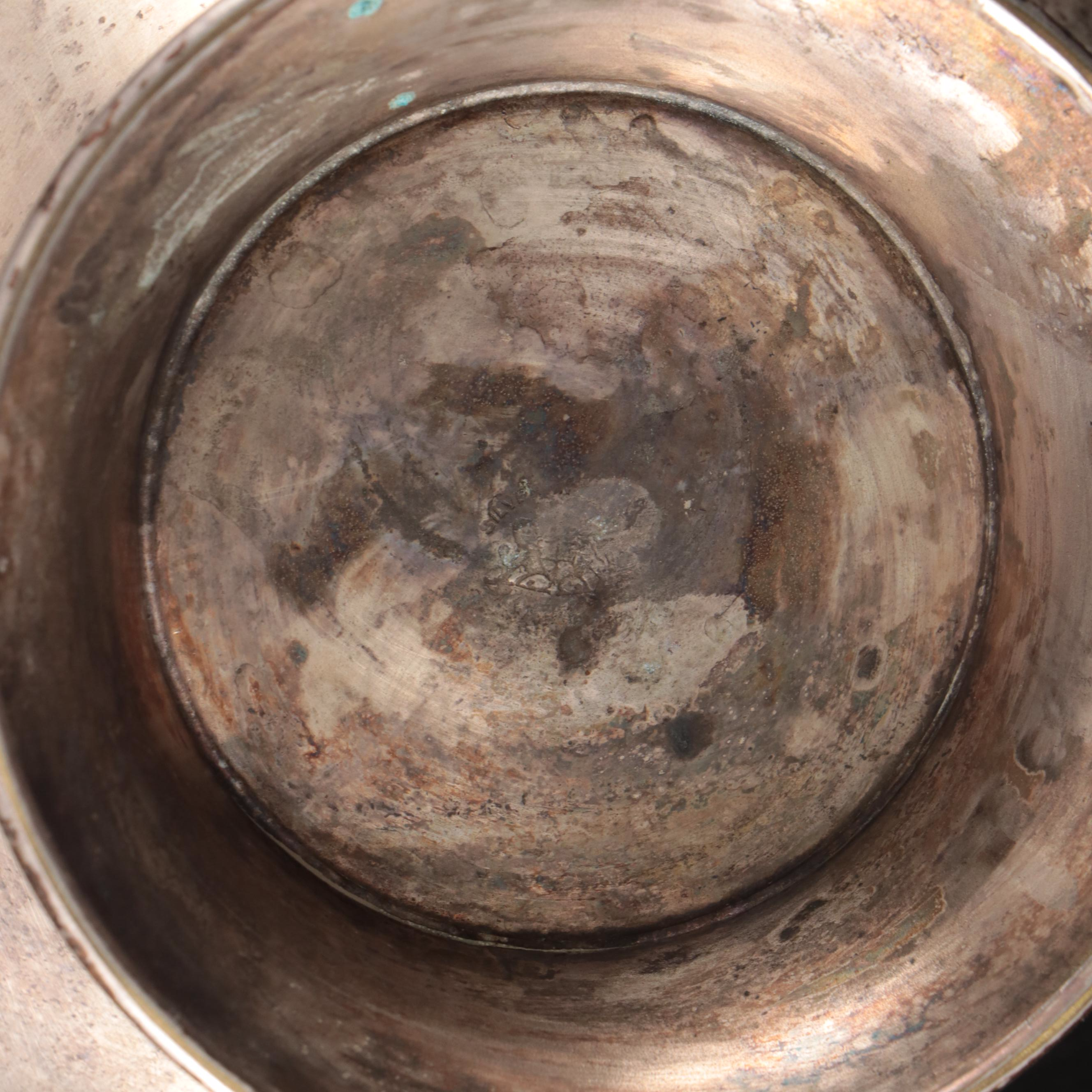 Silver Plate Teapot with Creamer, Sugar, and Shot Glasses with Other Pewter Ware