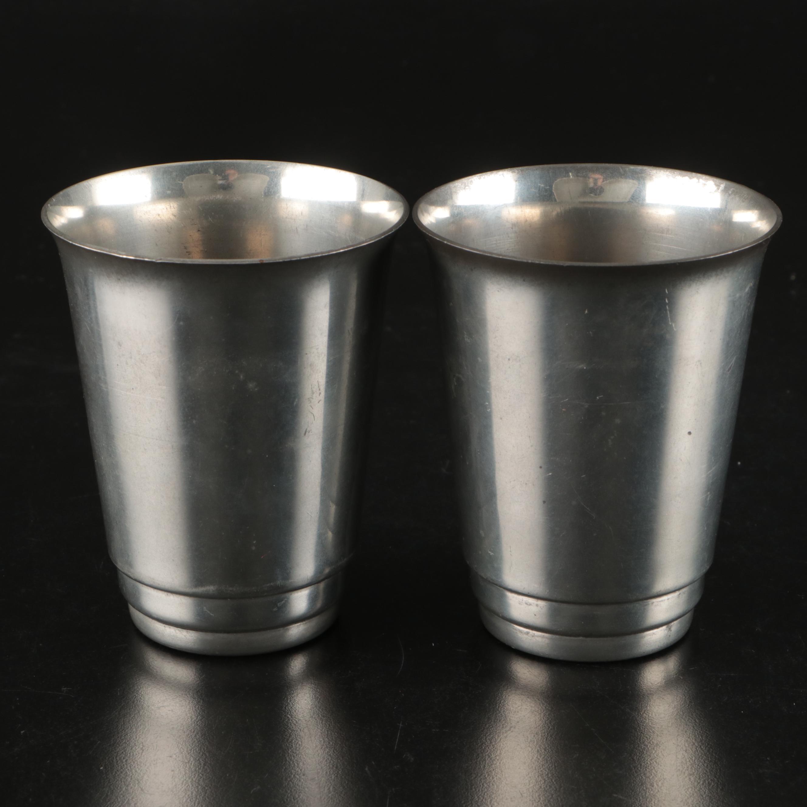 Silver Plate Teapot with Creamer, Sugar, and Shot Glasses with Other Pewter Ware