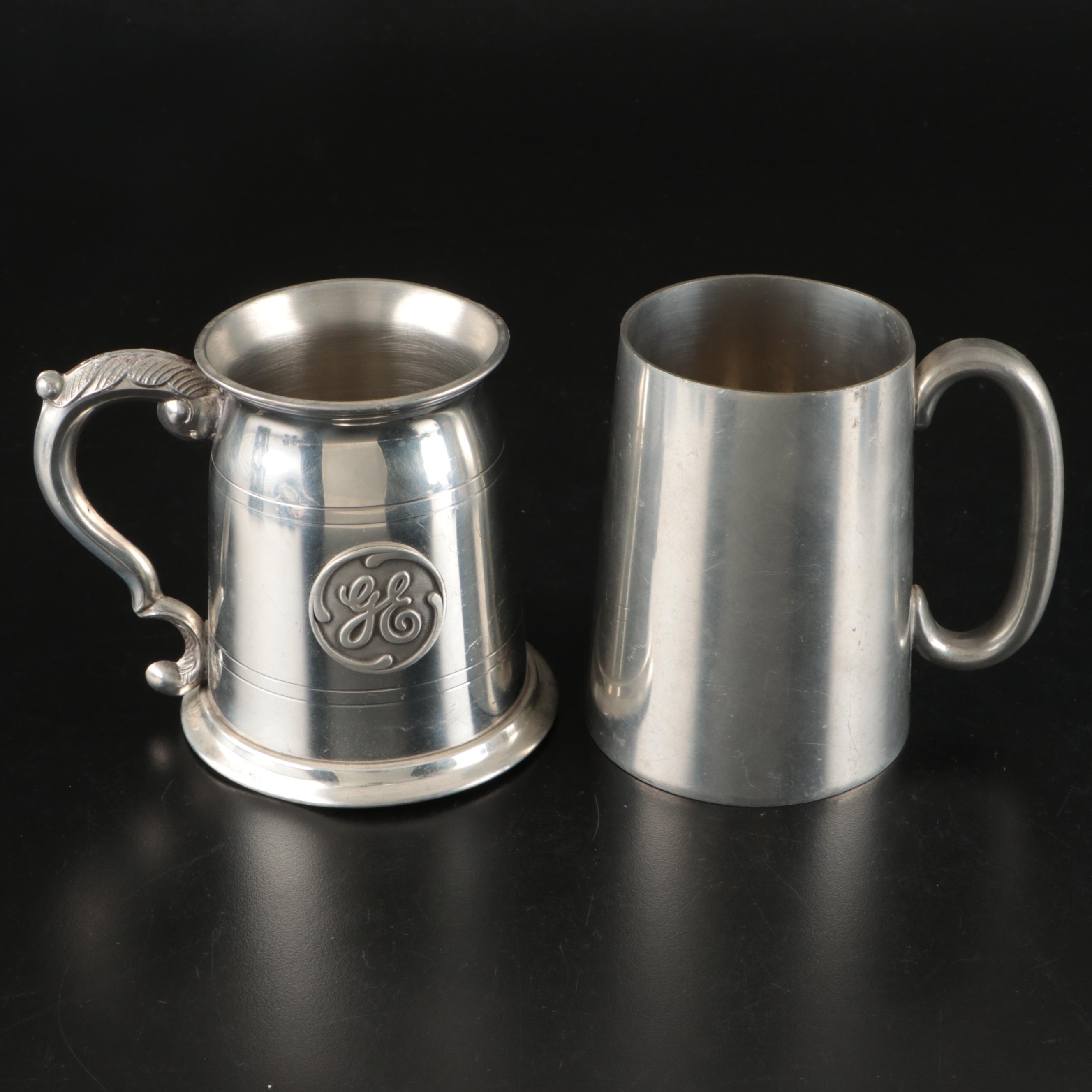 Silver Plate Teapot with Creamer, Sugar, and Shot Glasses with Other Pewter Ware
