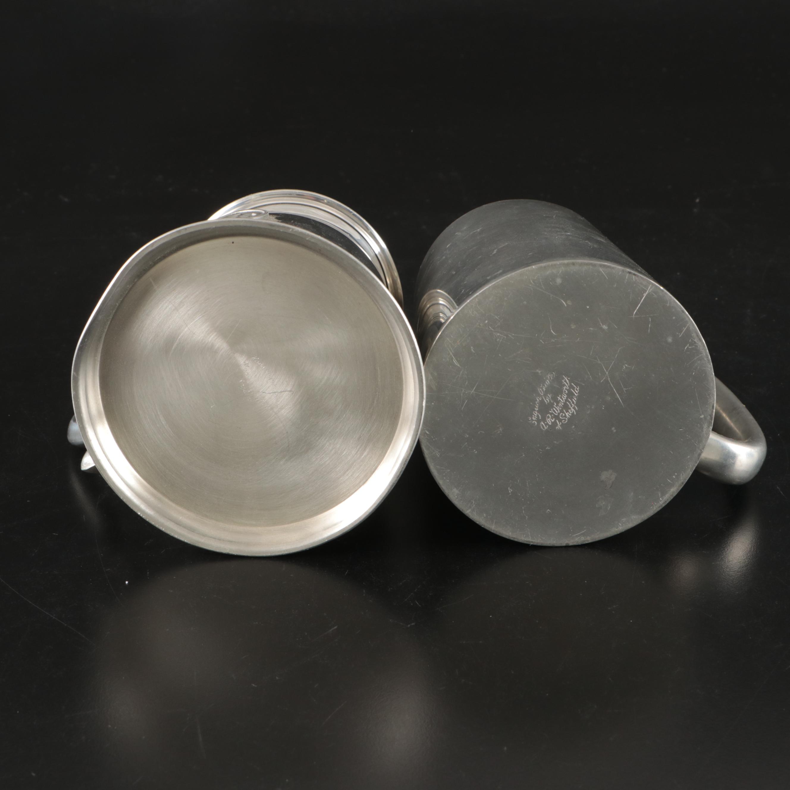 Silver Plate Teapot with Creamer, Sugar, and Shot Glasses with Other Pewter Ware