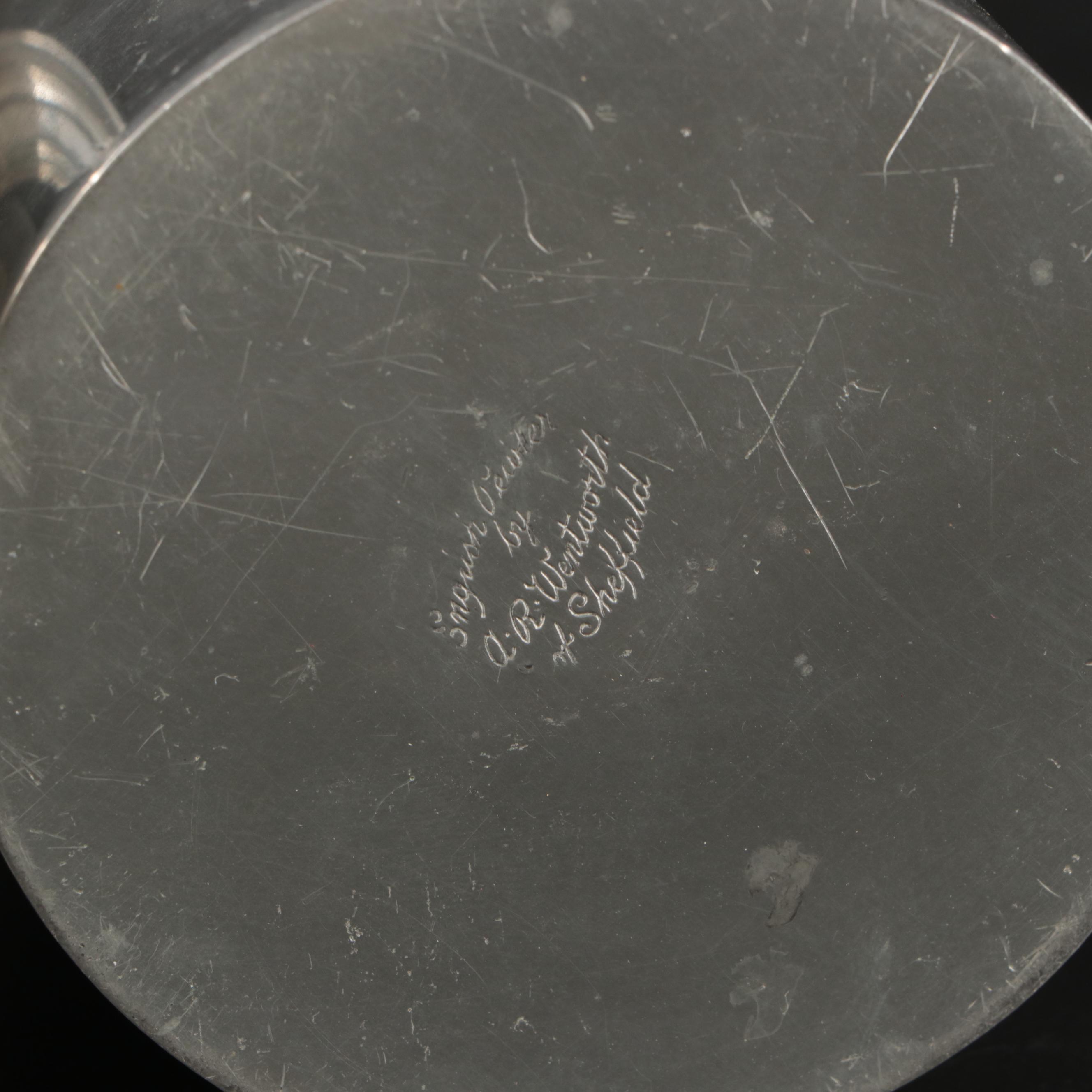 Silver Plate Teapot with Creamer, Sugar, and Shot Glasses with Other Pewter Ware