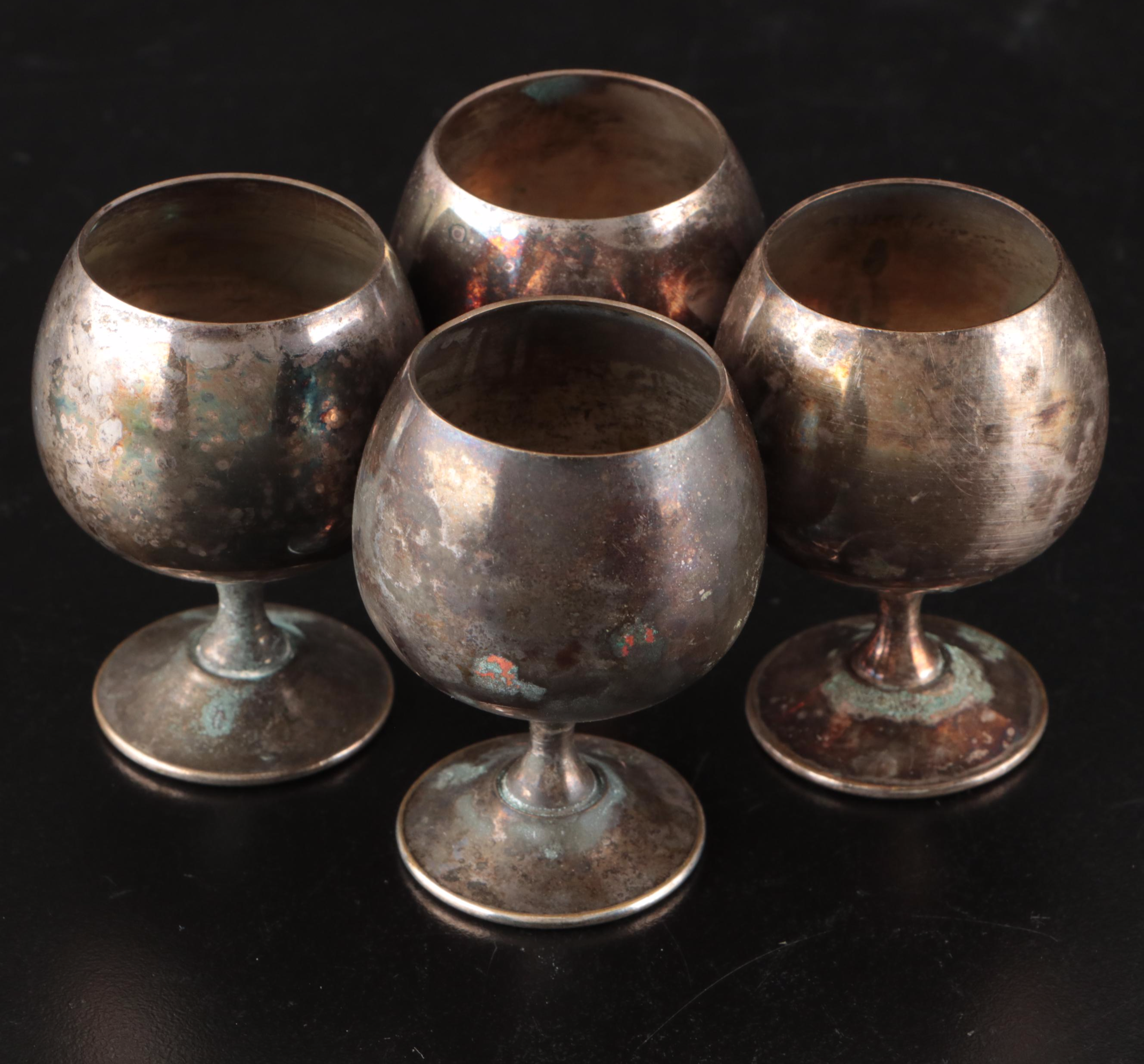 Silver Plate Teapot with Creamer, Sugar, and Shot Glasses with Other Pewter Ware