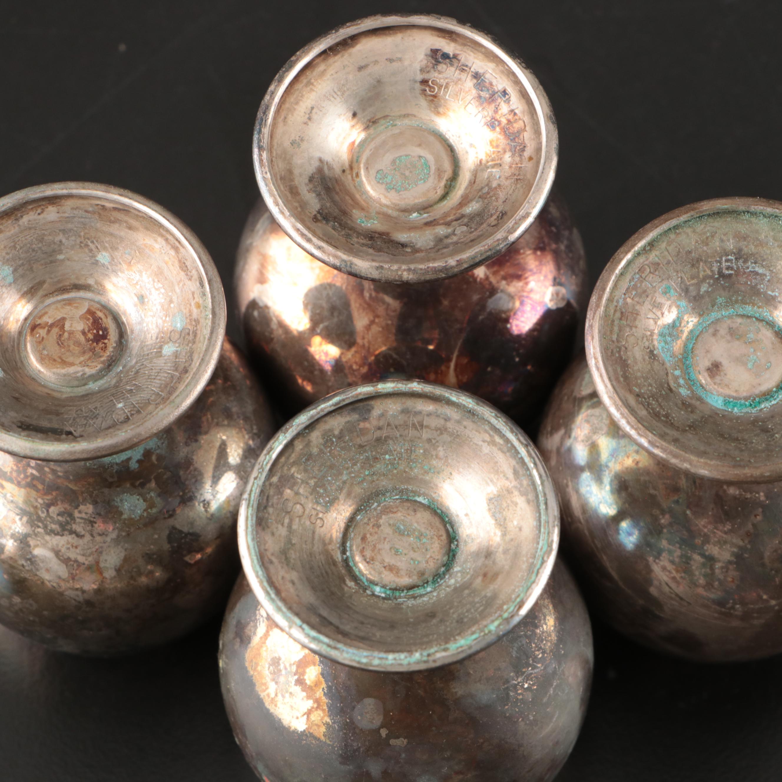 Silver Plate Teapot with Creamer, Sugar, and Shot Glasses with Other Pewter Ware