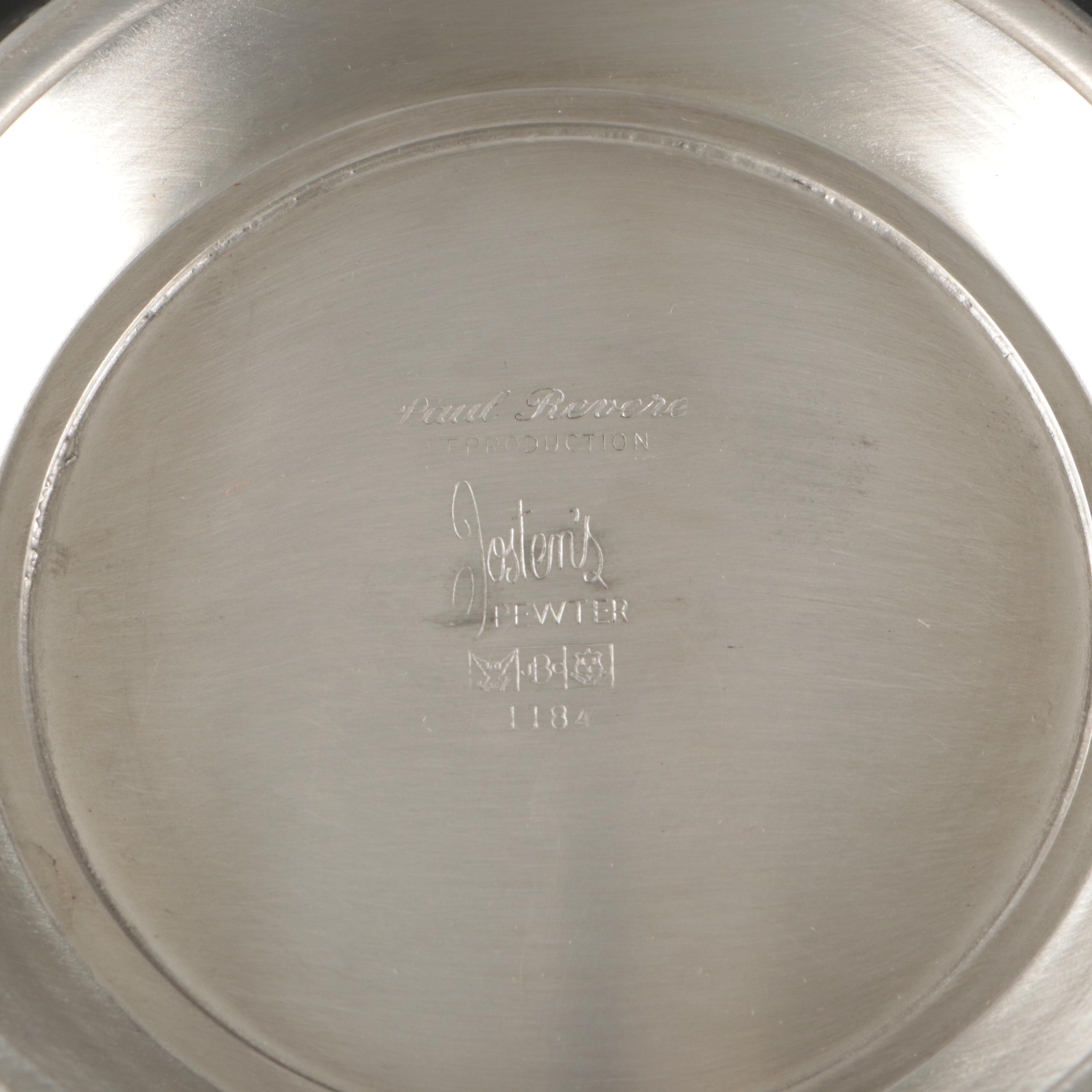 Silver Plate Teapot with Creamer, Sugar, and Shot Glasses with Other Pewter Ware