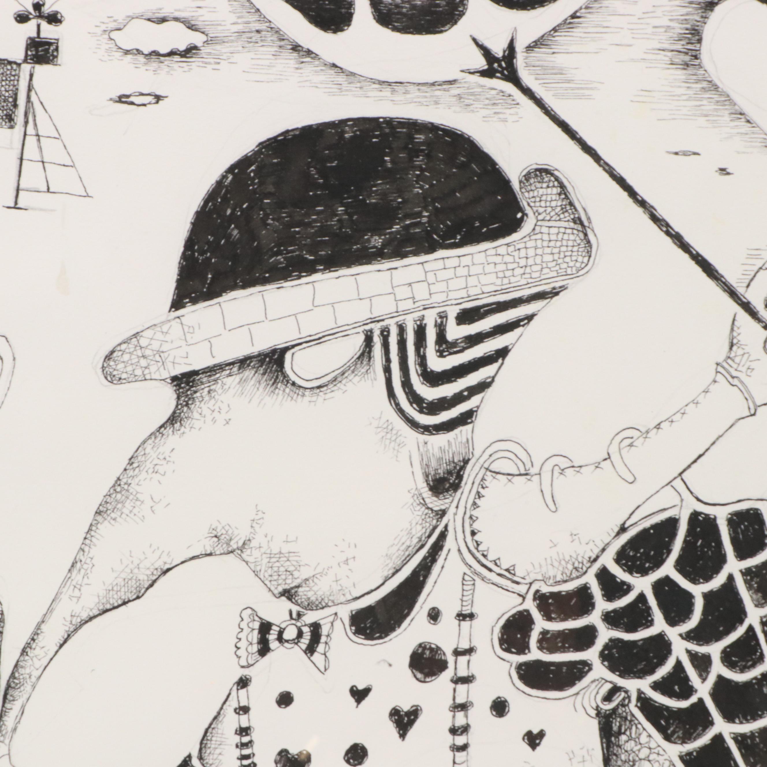 Nikolay "Kuk" Manuylov Figural Surrealist Ink Drawing, 2016