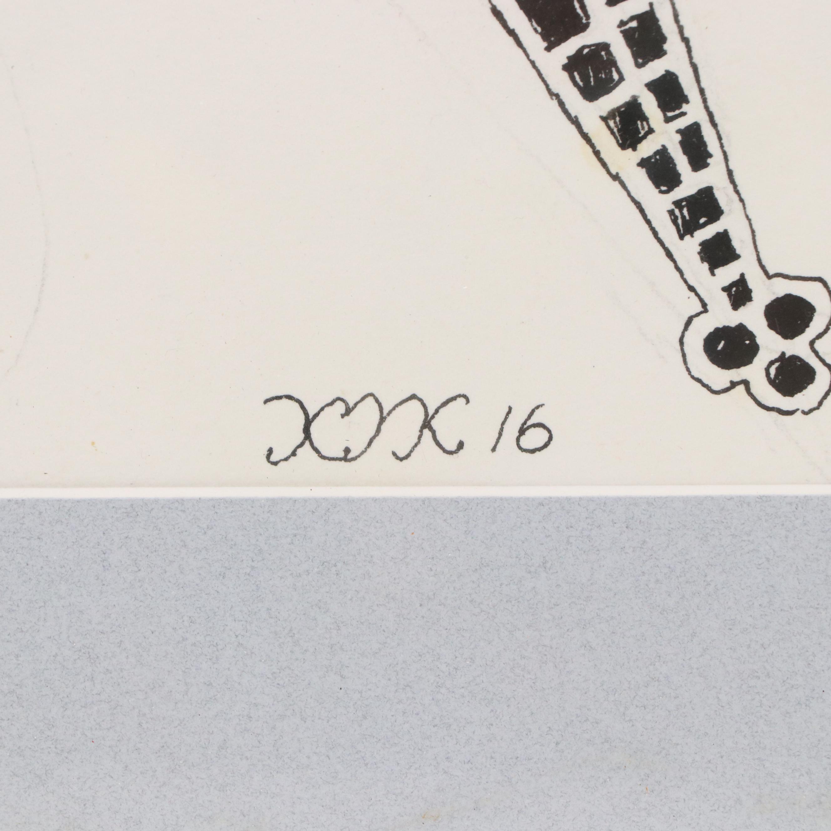 Nikolay "Kuk" Manuylov Figural Surrealist Ink Drawing, 2016