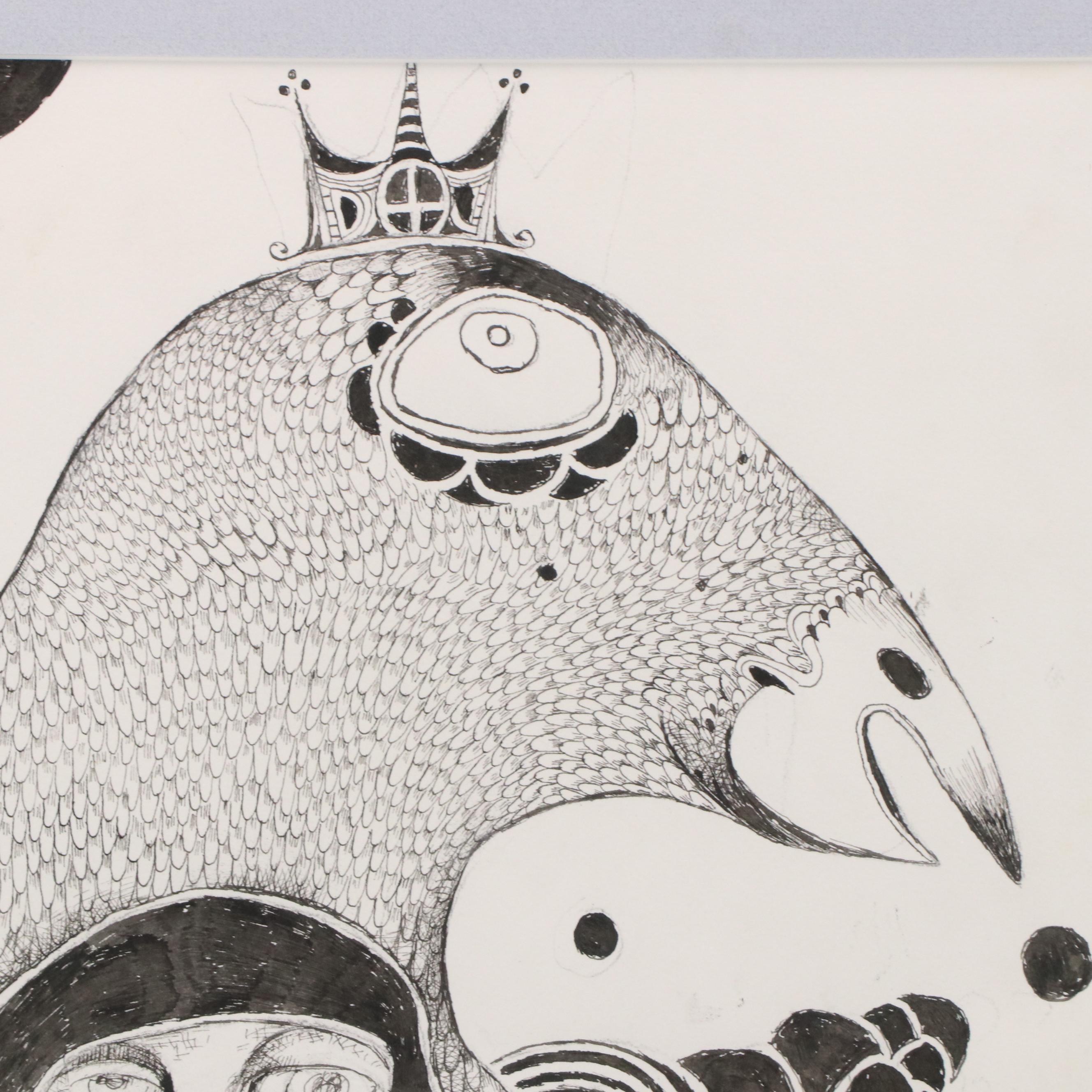 Nikolay "Kuk" Manuylov Figural Surrealist Ink Drawing, 2016