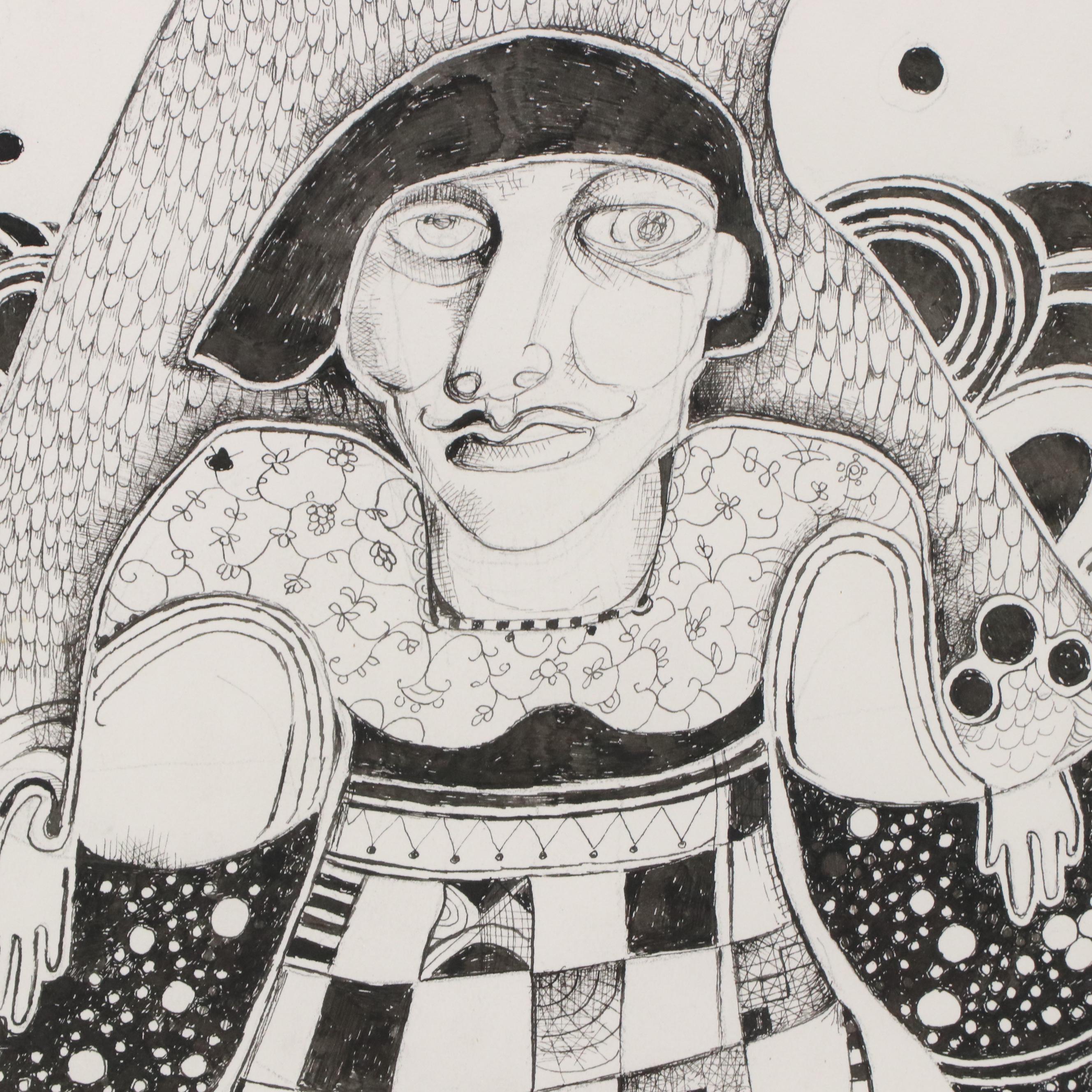 Nikolay "Kuk" Manuylov Figural Surrealist Ink Drawing, 2016