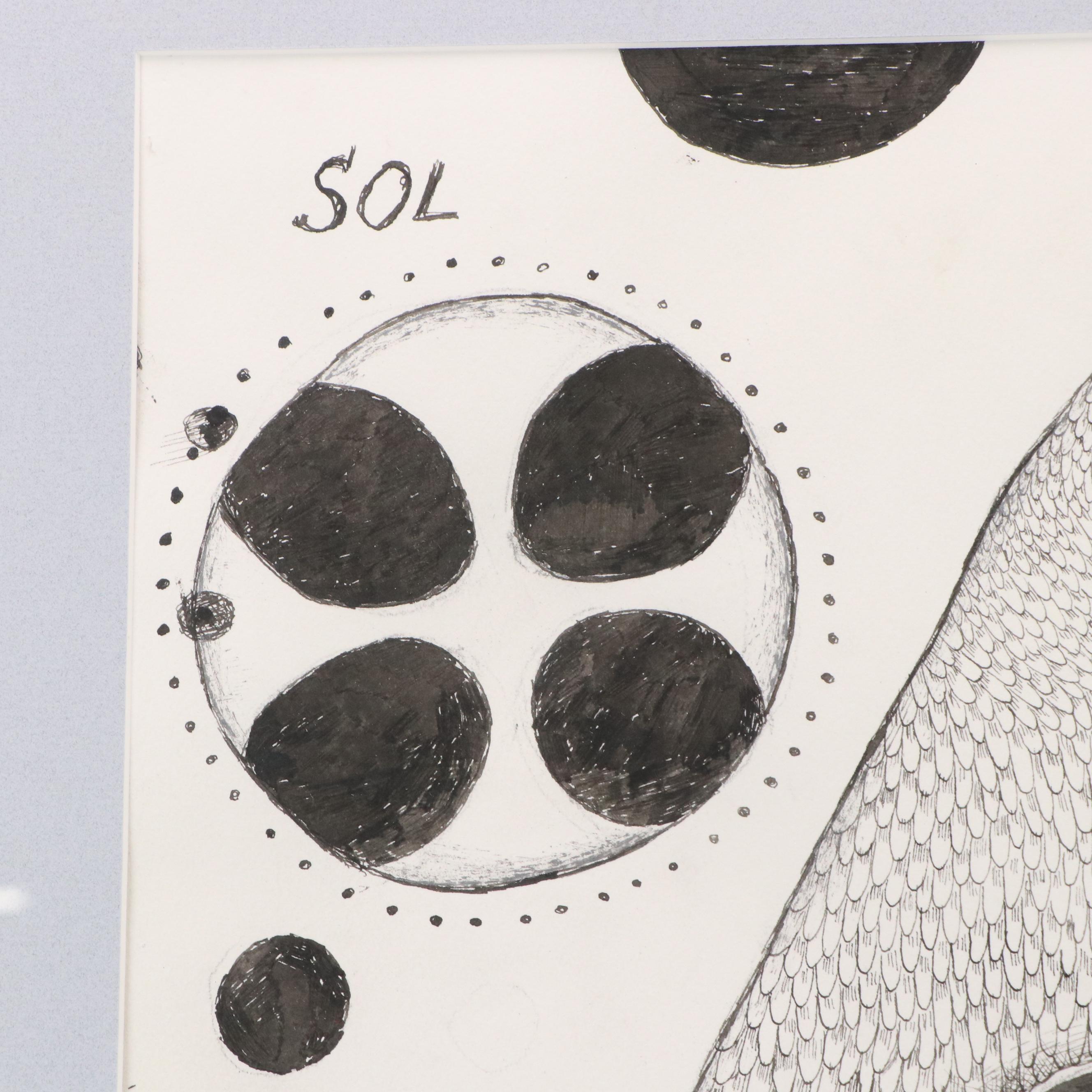 Nikolay "Kuk" Manuylov Figural Surrealist Ink Drawing, 2016