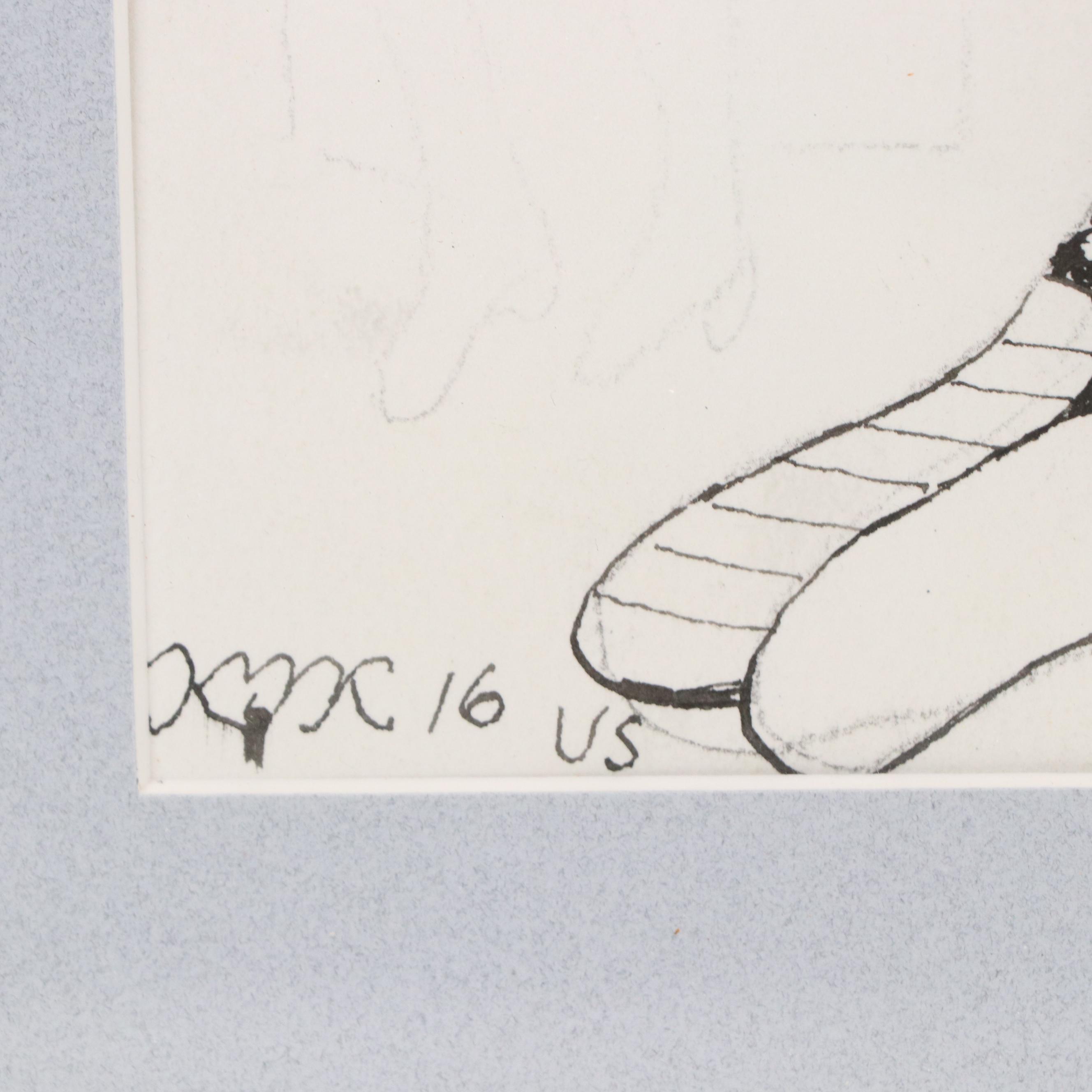 Nikolay "Kuk" Manuylov Figural Surrealist Ink Drawing, 2016