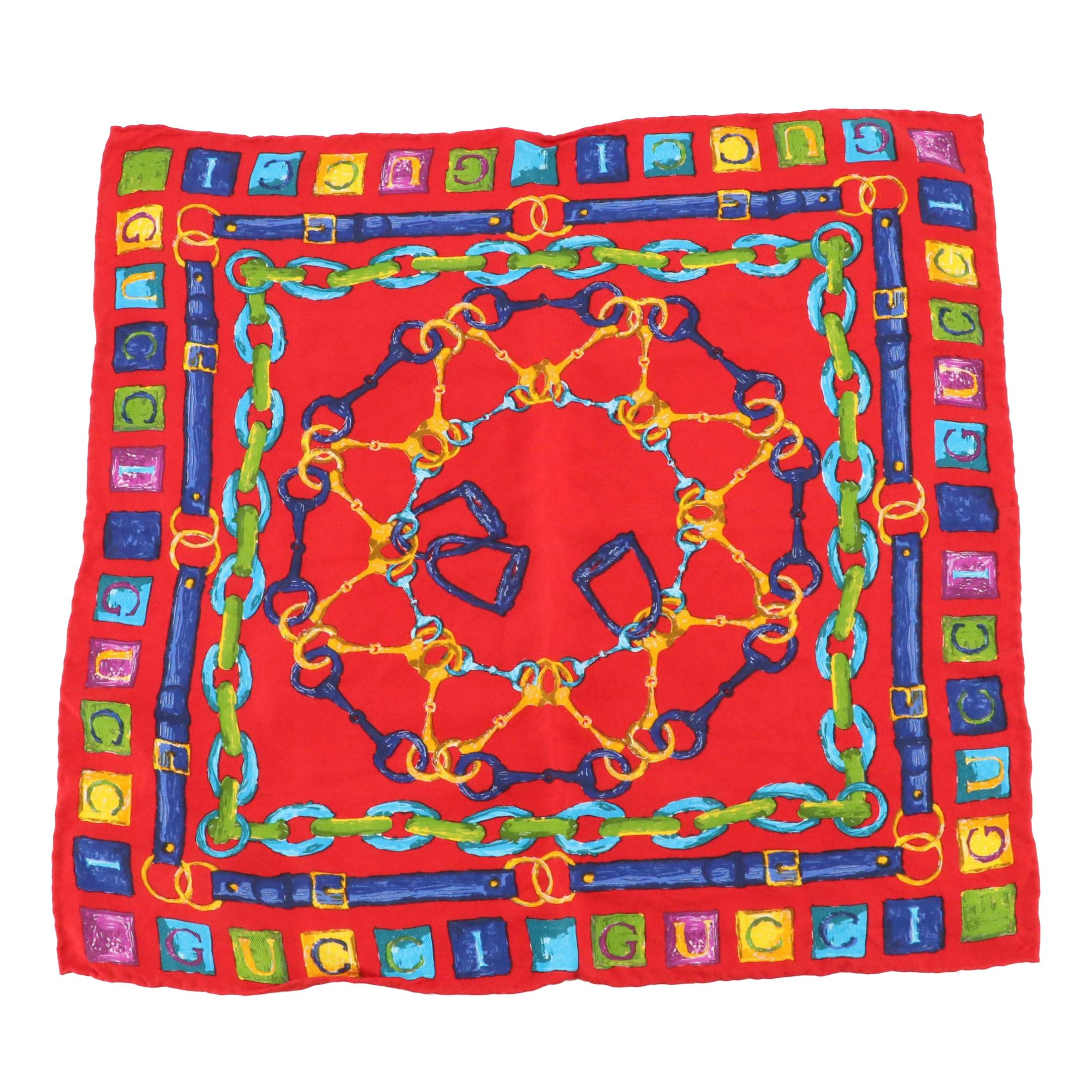 Gucci Horsebit Chain Print Silk Twill Handkerchief