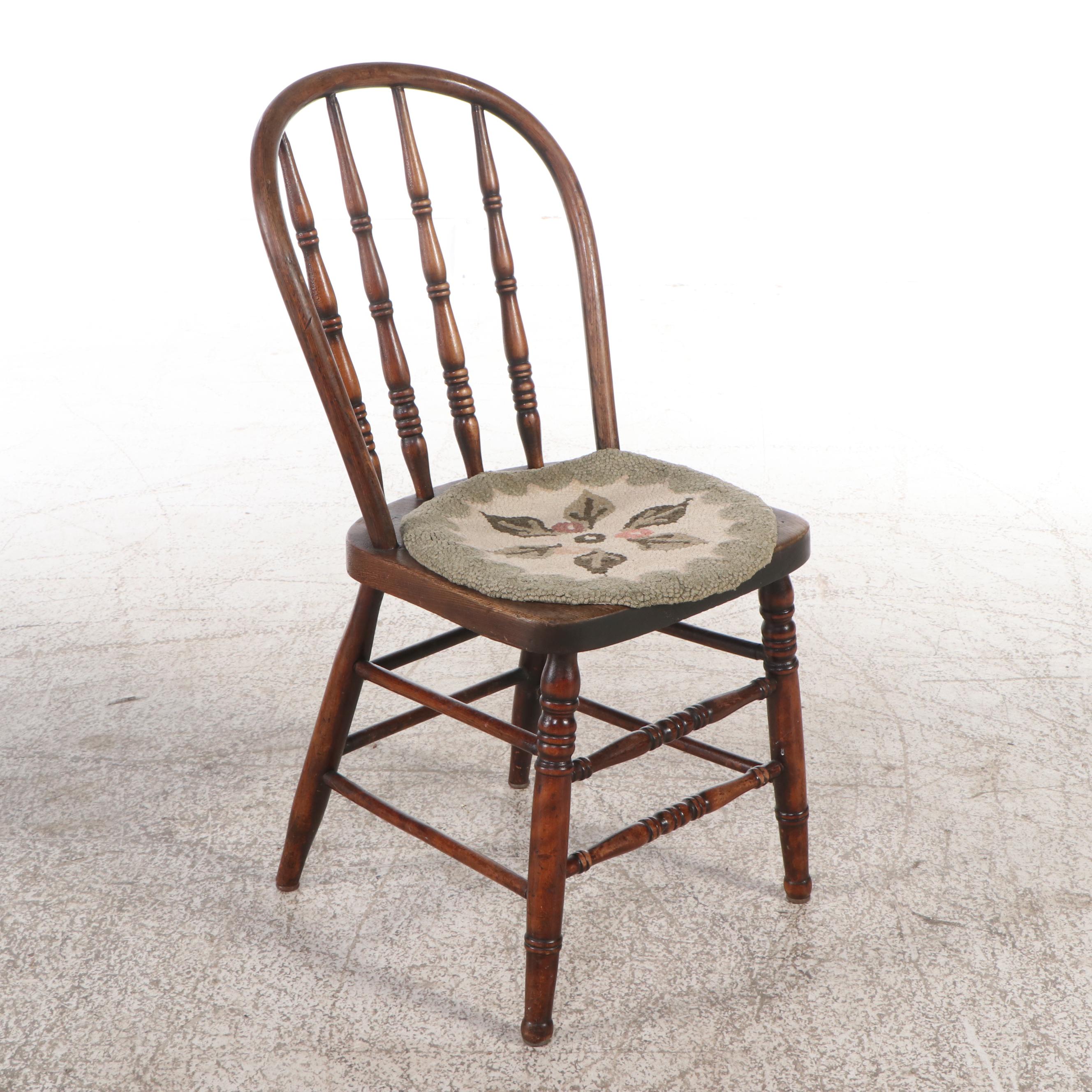 Pair of Oak Windsor Back Side Chairs with Hand-Punched Floral Seat Covers