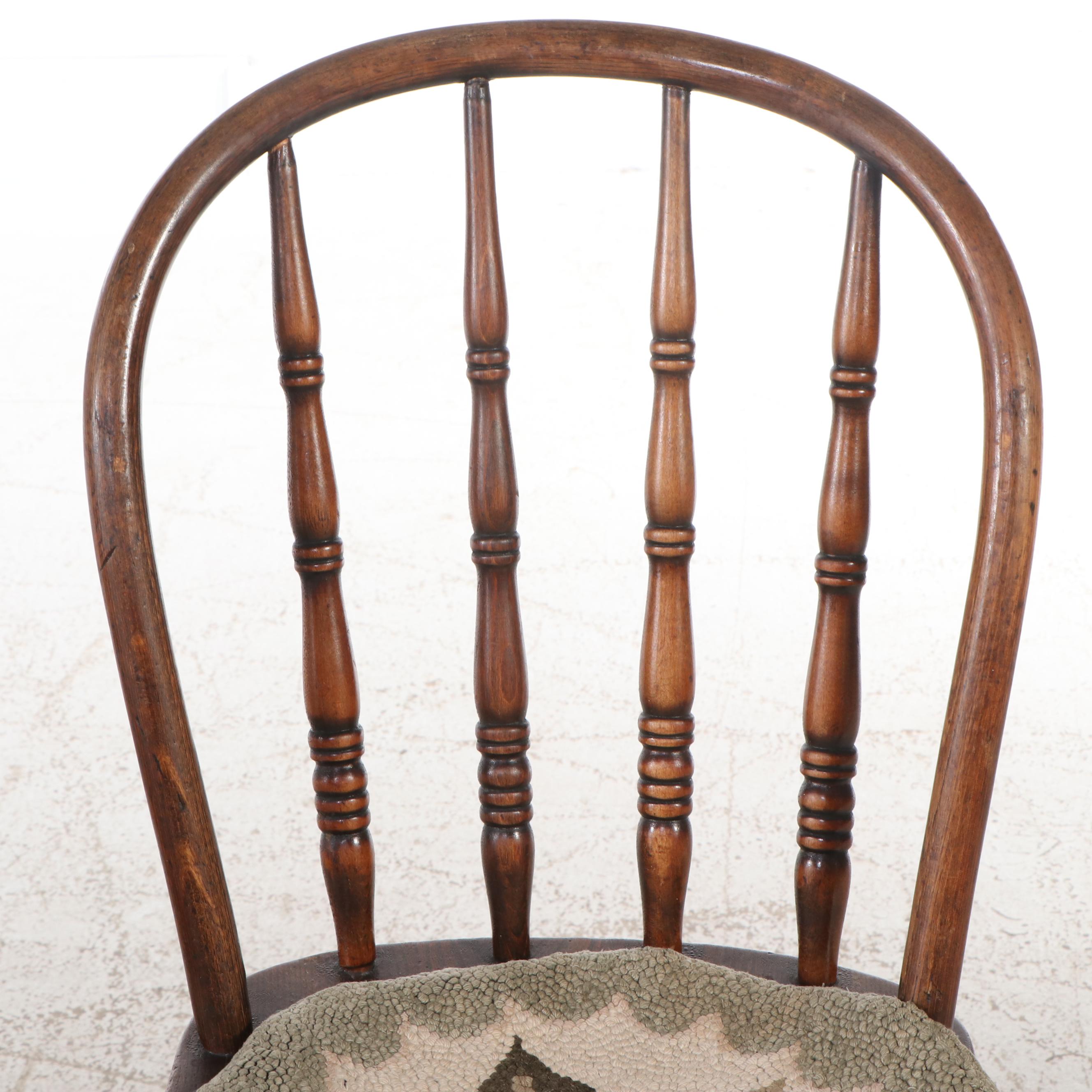 Pair of Oak Windsor Back Side Chairs with Hand-Punched Floral Seat Covers