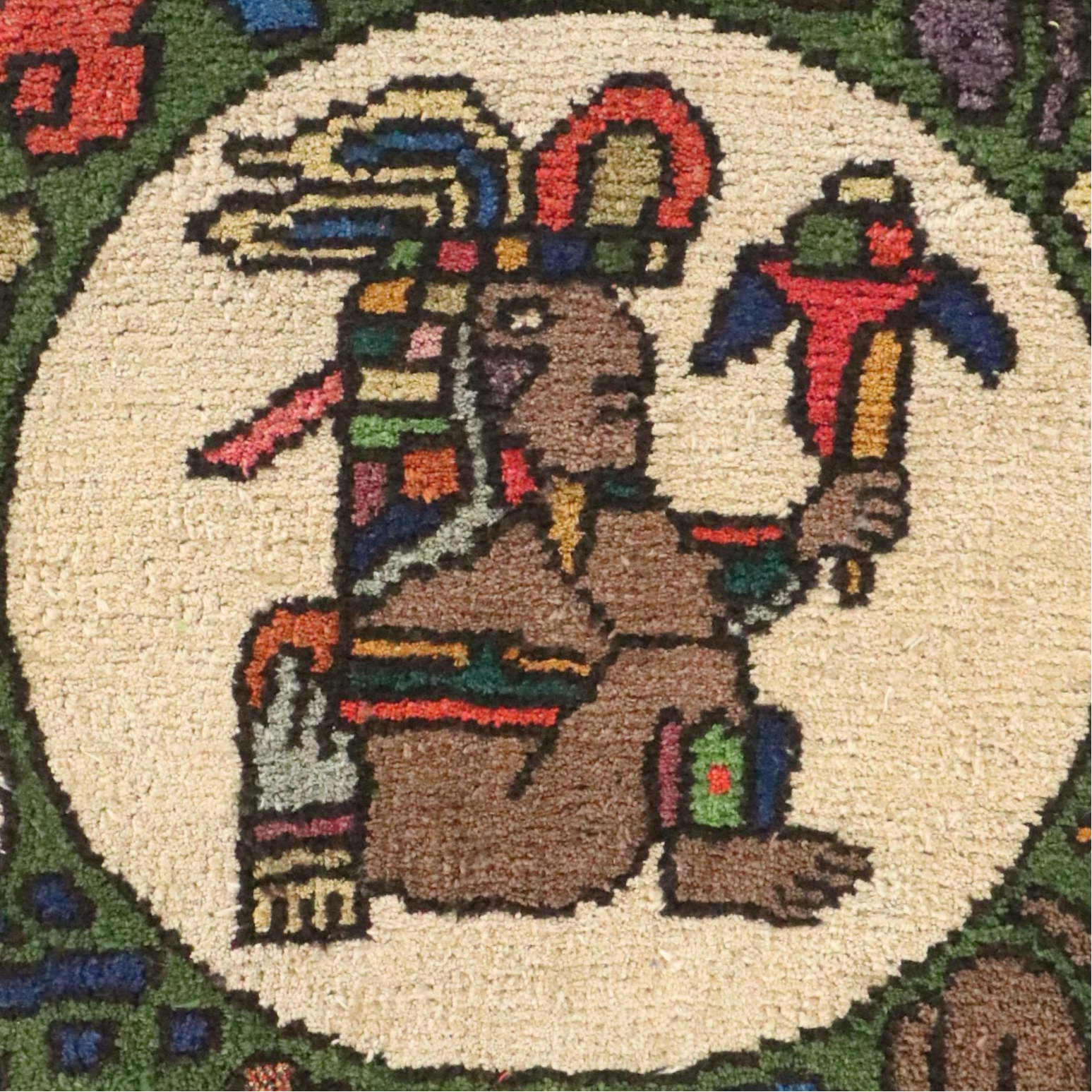 4'5 Round Hand-Knotted Mayan Calendar Style Accent Rug