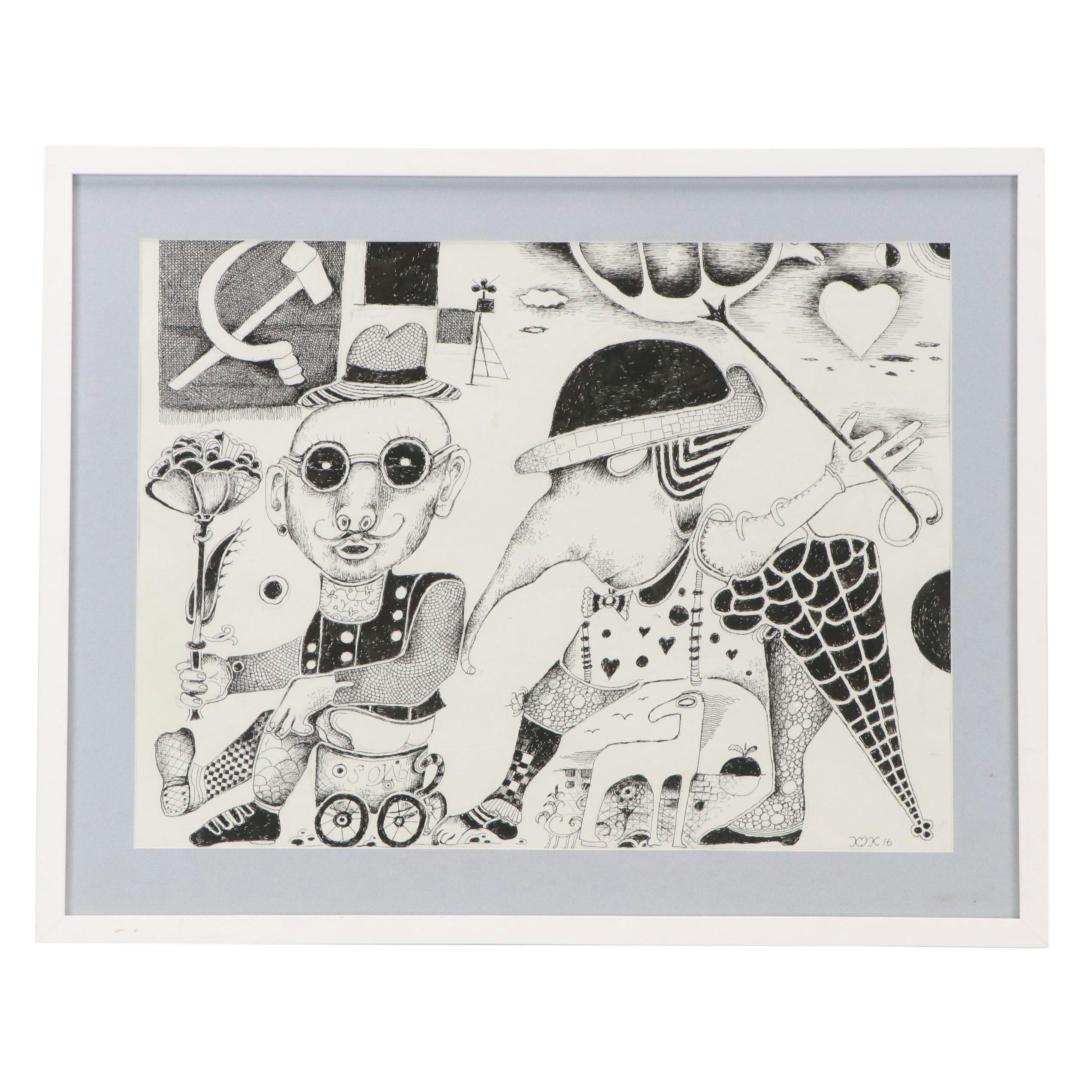 Nikolay "Kuk" Manuylov Figural Surrealist Ink Drawing, 2016