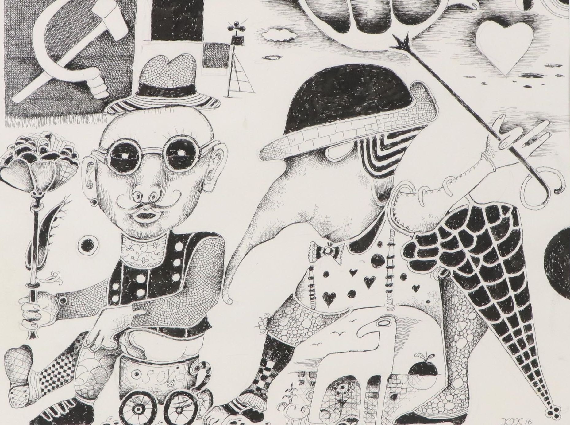 Nikolay "Kuk" Manuylov Figural Surrealist Ink Drawing, 2016