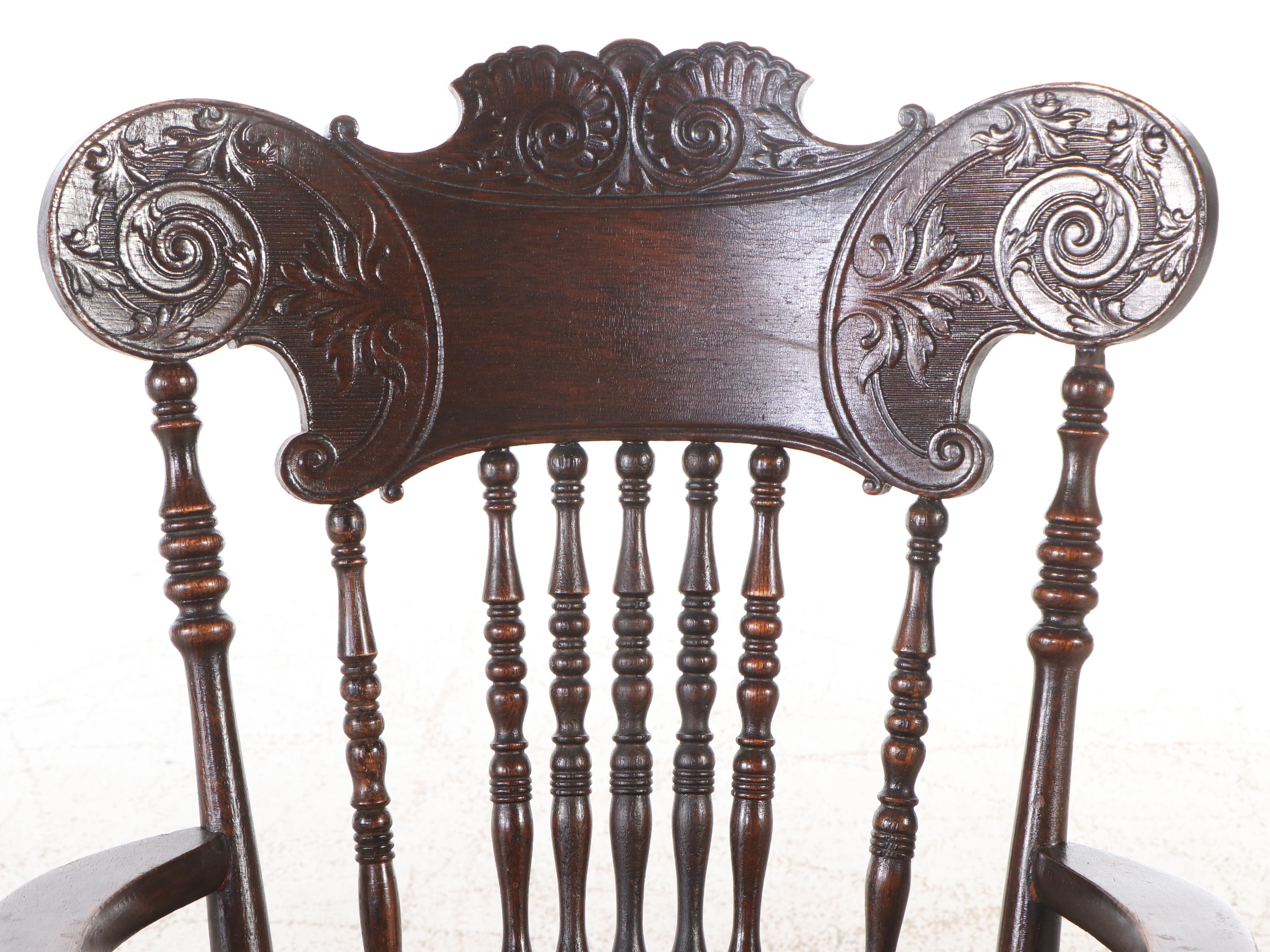 Victorian Press Carved Oak Rocking Chair, Late 19th/Early 20th Century