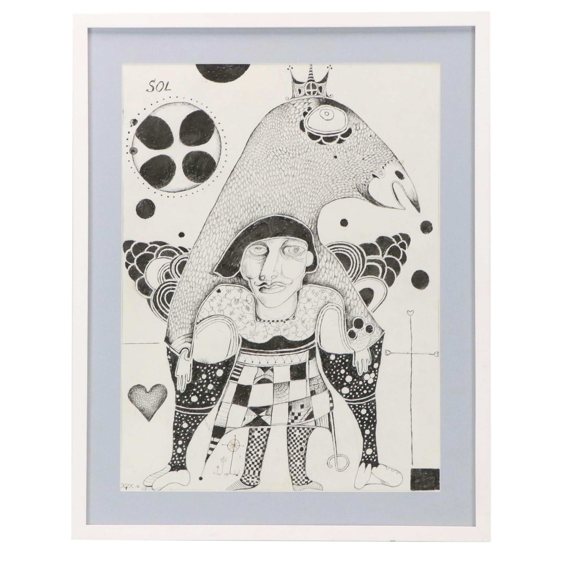 Nikolay "Kuk" Manuylov Figural Surrealist Ink Drawing, 2016