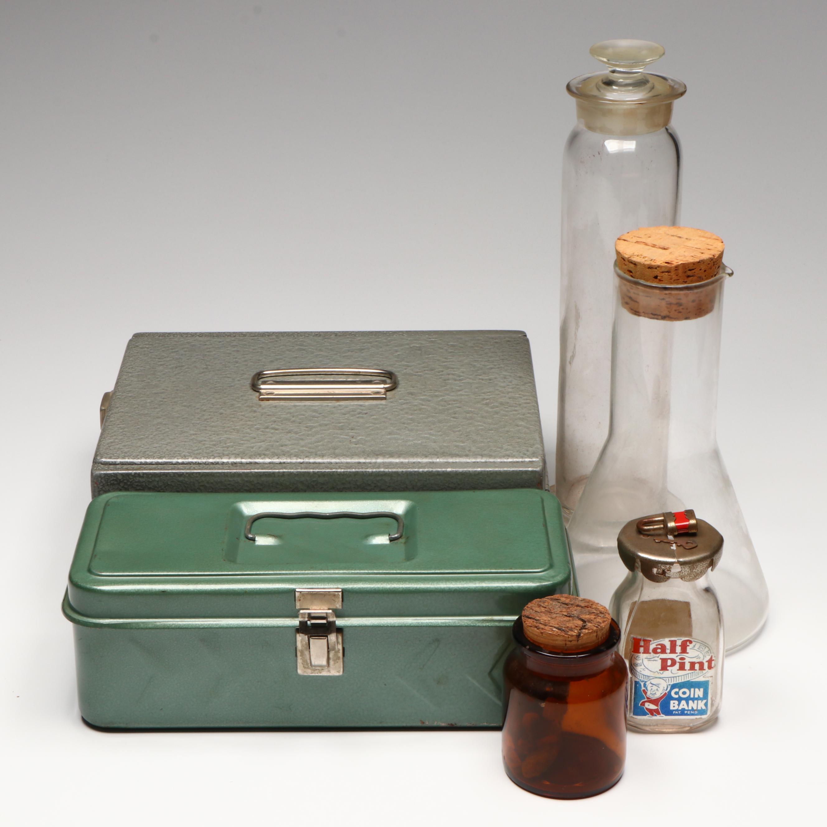 Glass Apothecary Jar with Metal Lock Boxes and More Glassware