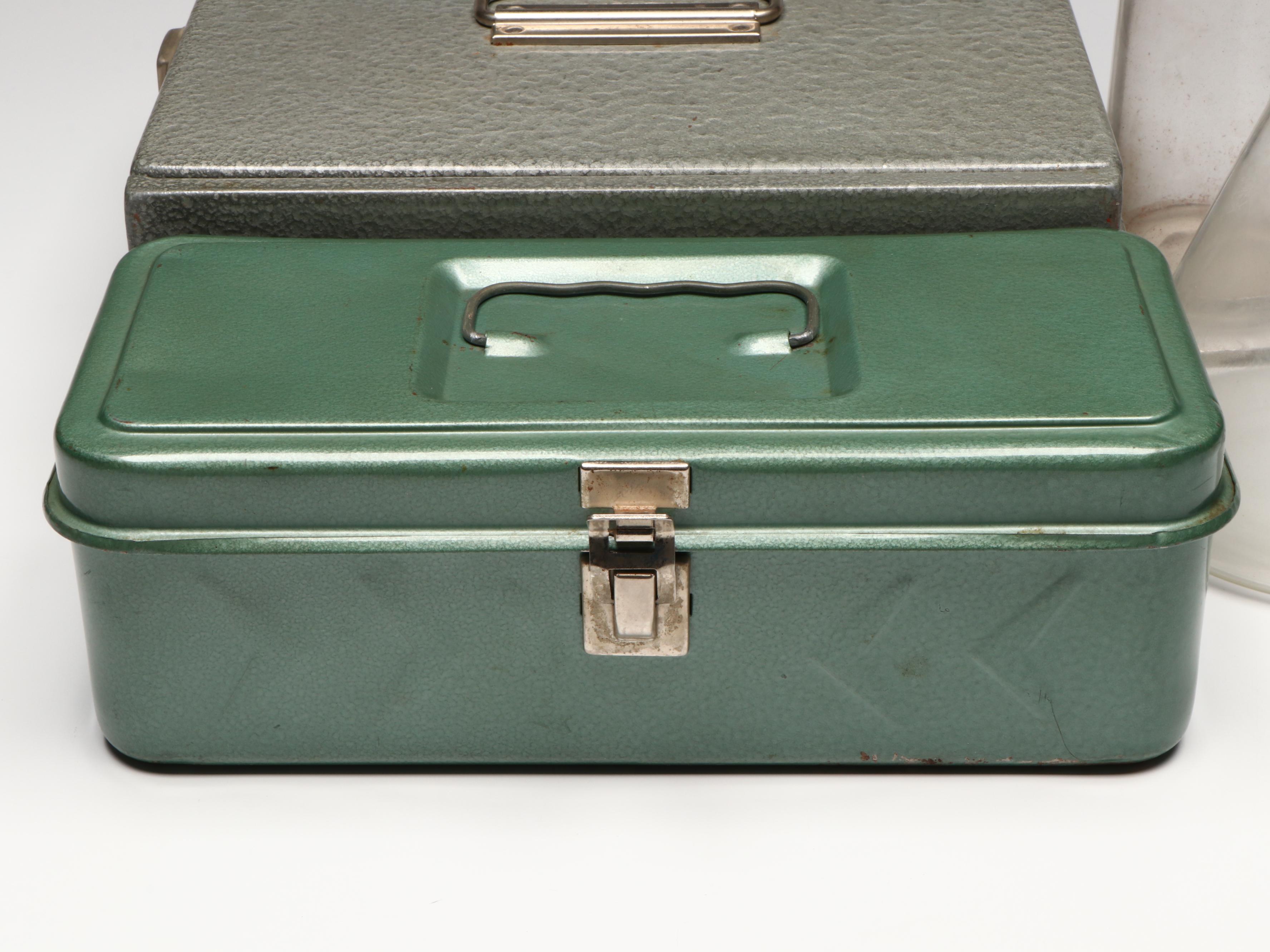 Glass Apothecary Jar with Metal Lock Boxes and More Glassware