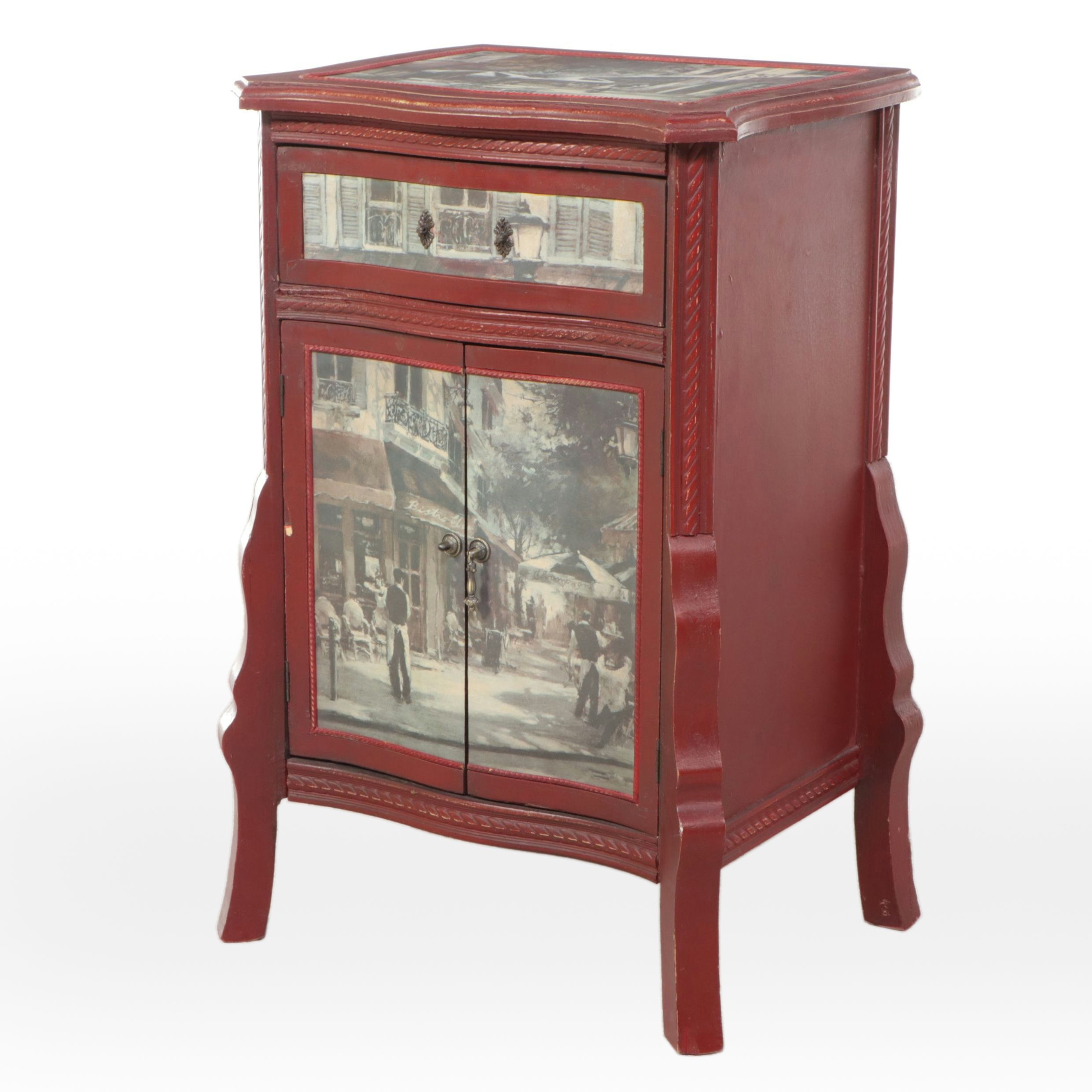 Red Painted Nightstand with City Scene Veneer