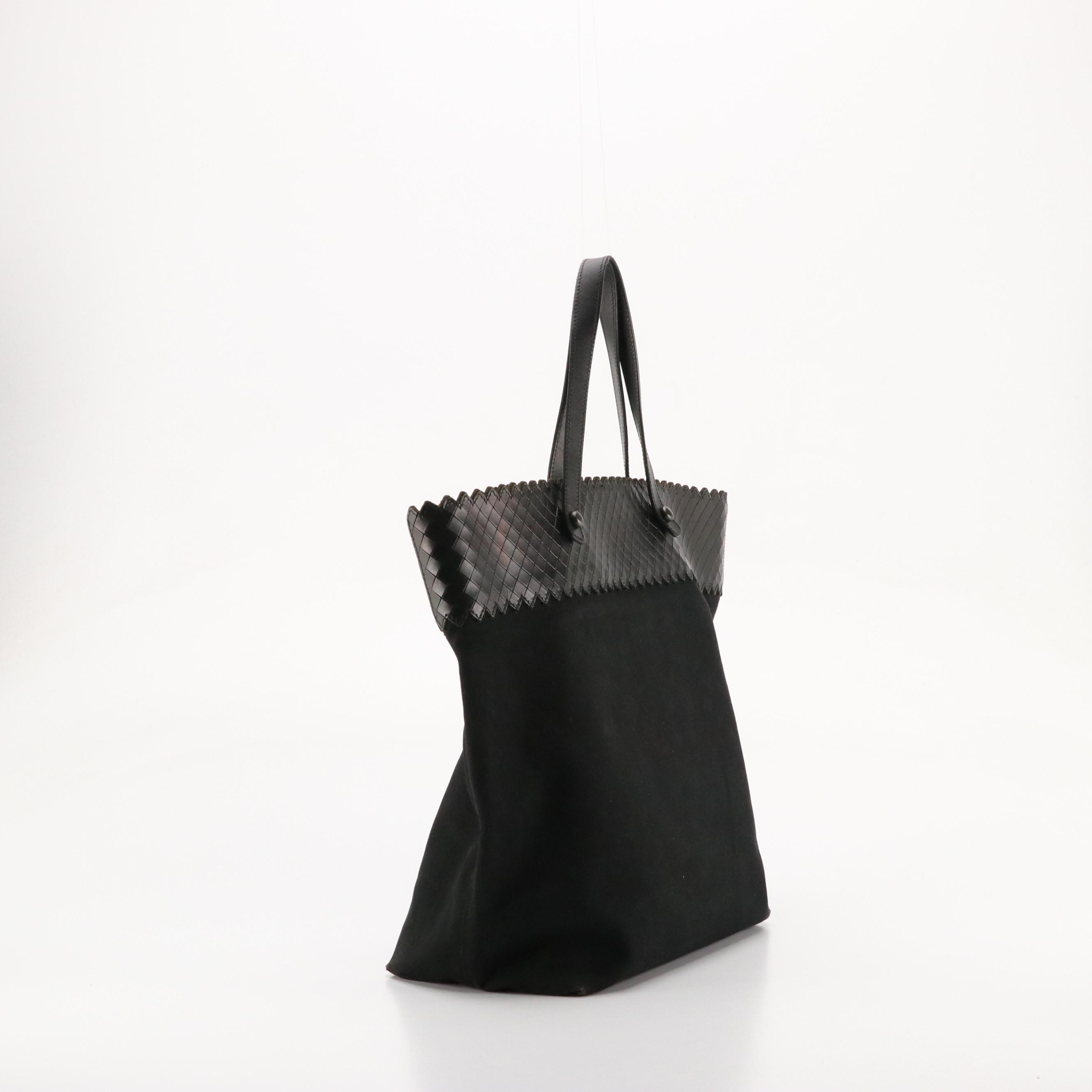 Bottega Veneta Large Black Canvas Tote Bag with Intreccio Mirage Leather Trim