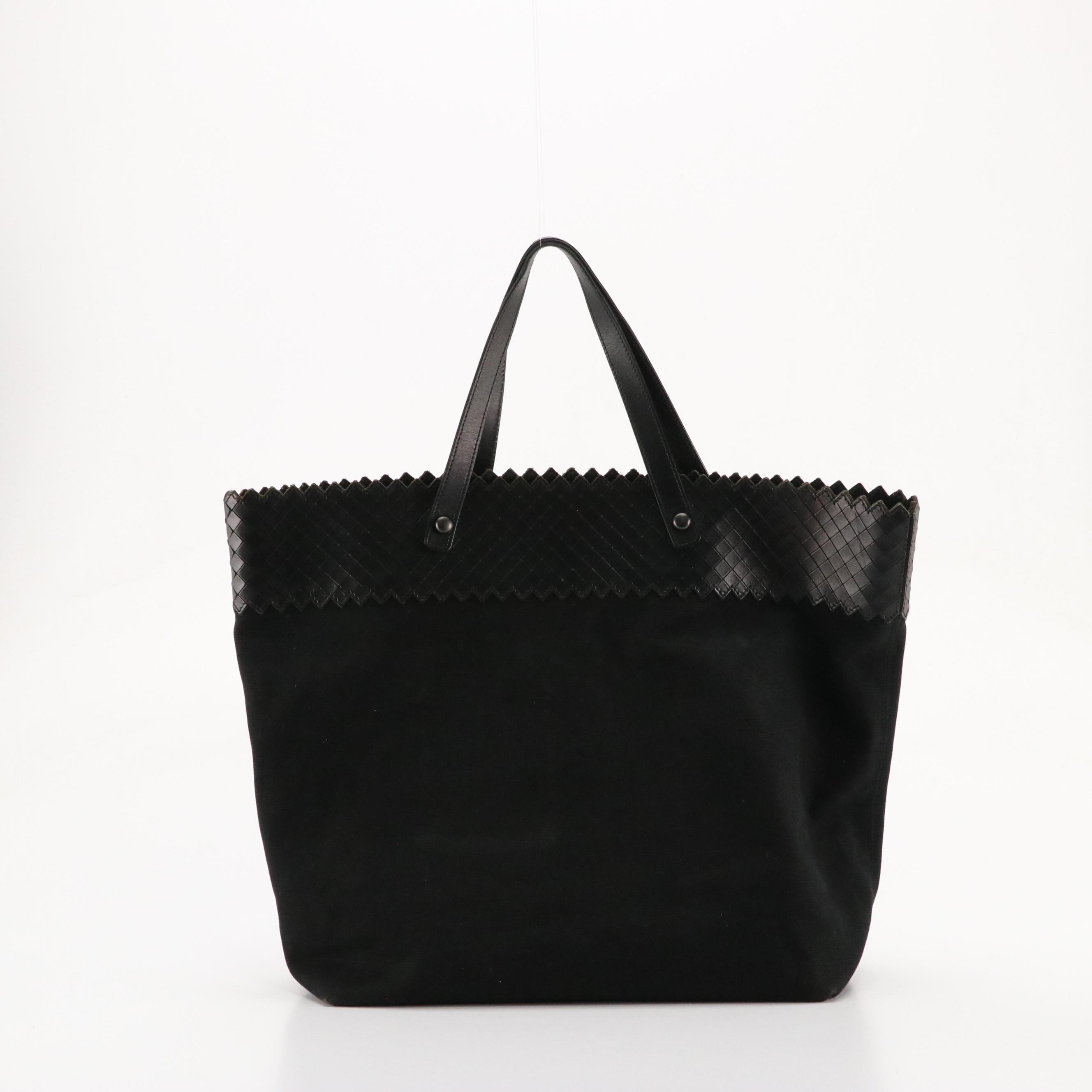 Bottega Veneta Large Black Canvas Tote Bag with Intreccio Mirage Leather Trim