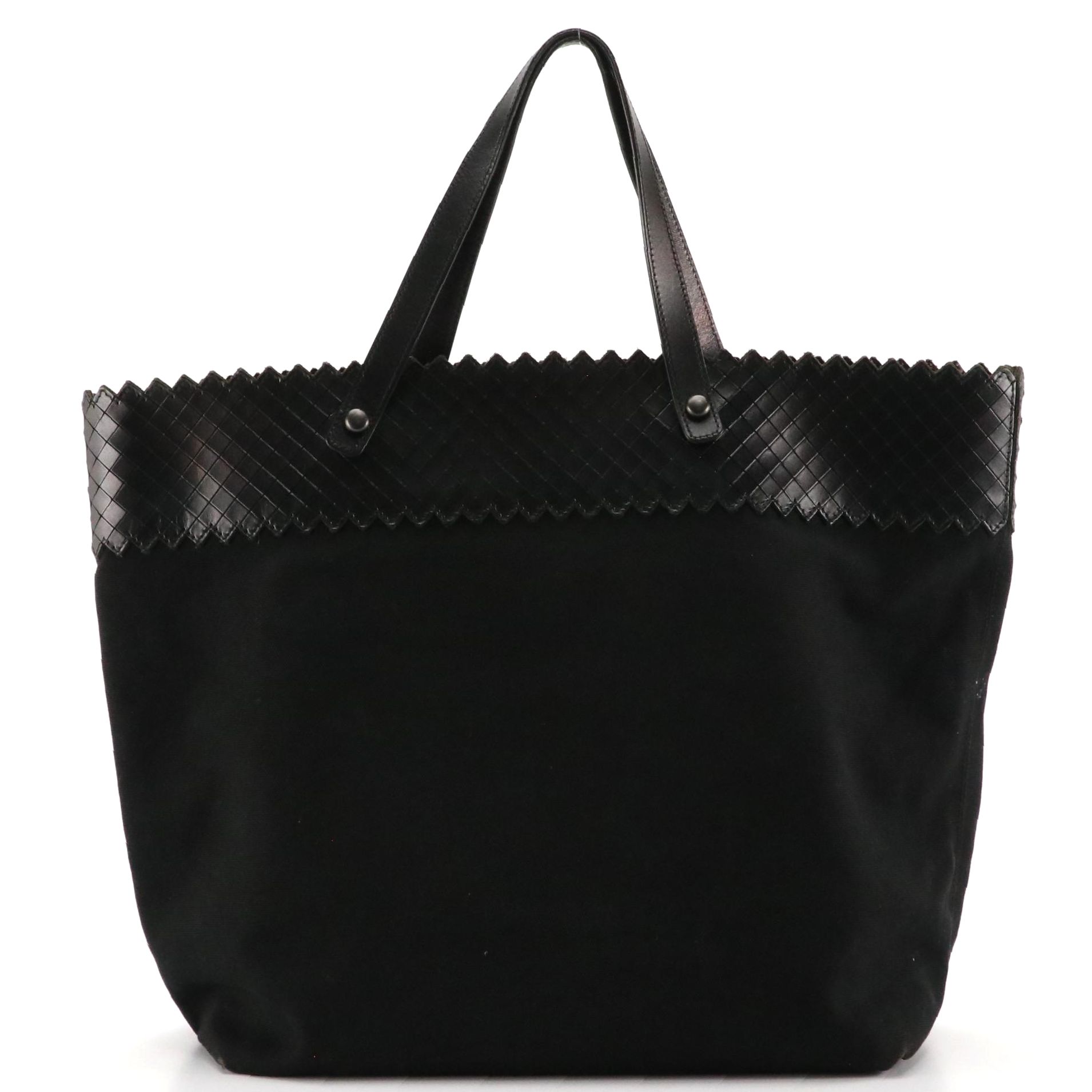 Bottega Veneta Large Black Canvas Tote Bag with Intreccio Mirage Leather Trim