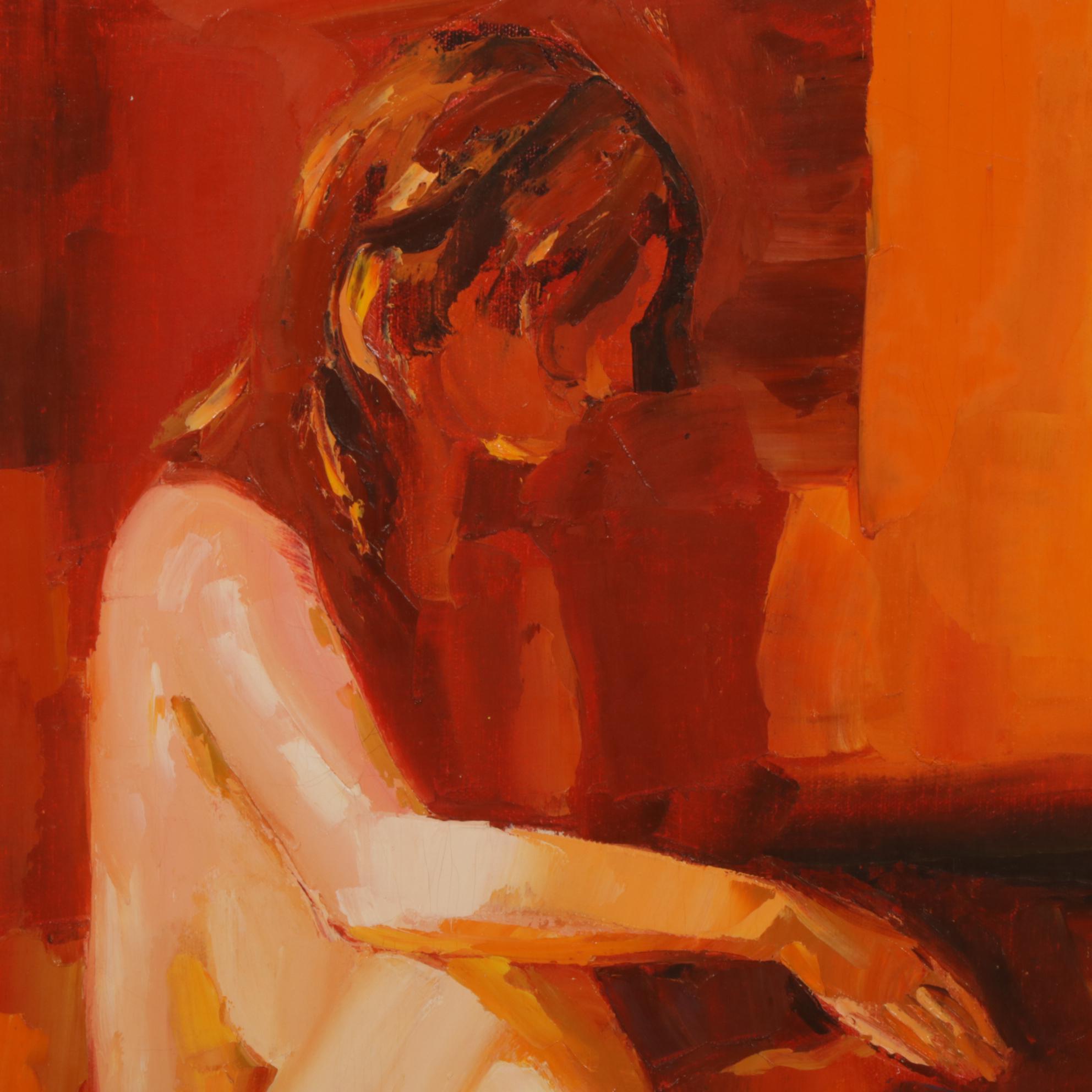 Roy Hustin Portrait of Sitting Woman Impasto Oil Painting, Late 20th Century