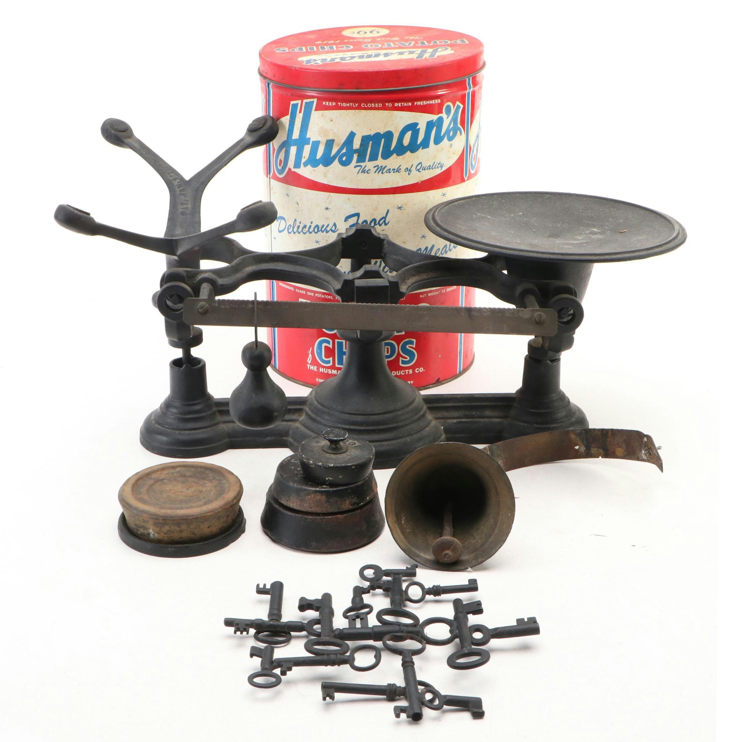 Skeleton Key Assemblage with Cast Iron Balance Scale and More