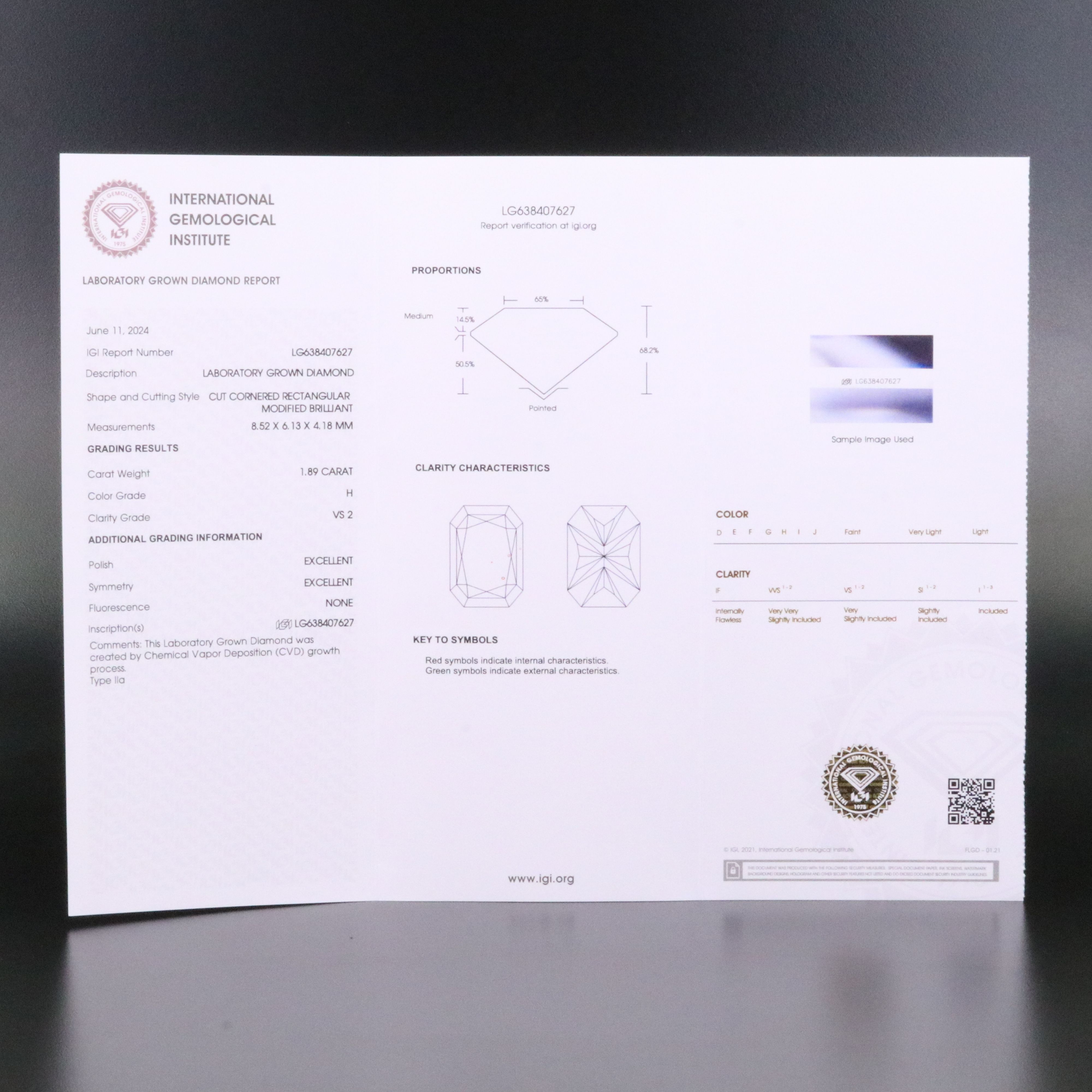 Loose 1.89 CT Lab Grown Diamond with IGI Report